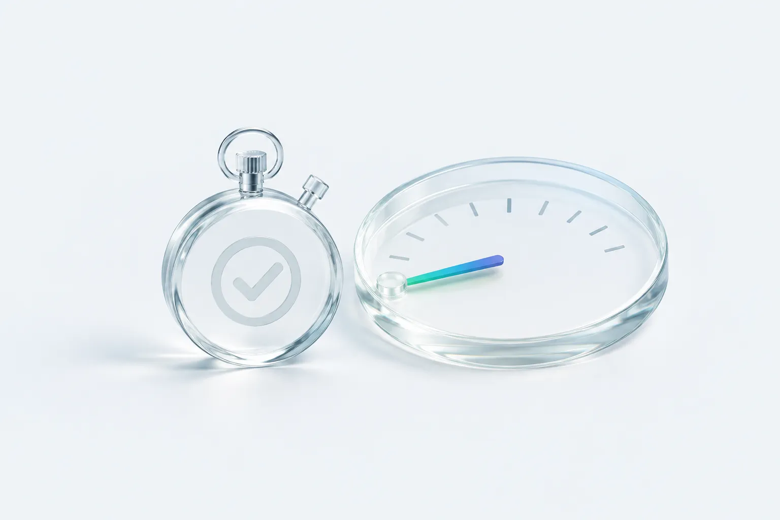 A glass stopwatch marked complete sits beside a usage dial whose needle barely moves, showing the gap between training completion and real adoption.