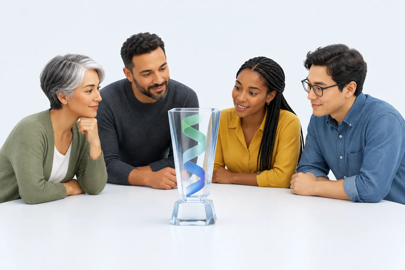 Four colleagues look at a hollow glass award with a ribbon forming inside, symbolizing the gap AI change management software must close between course completion and real AI use.
