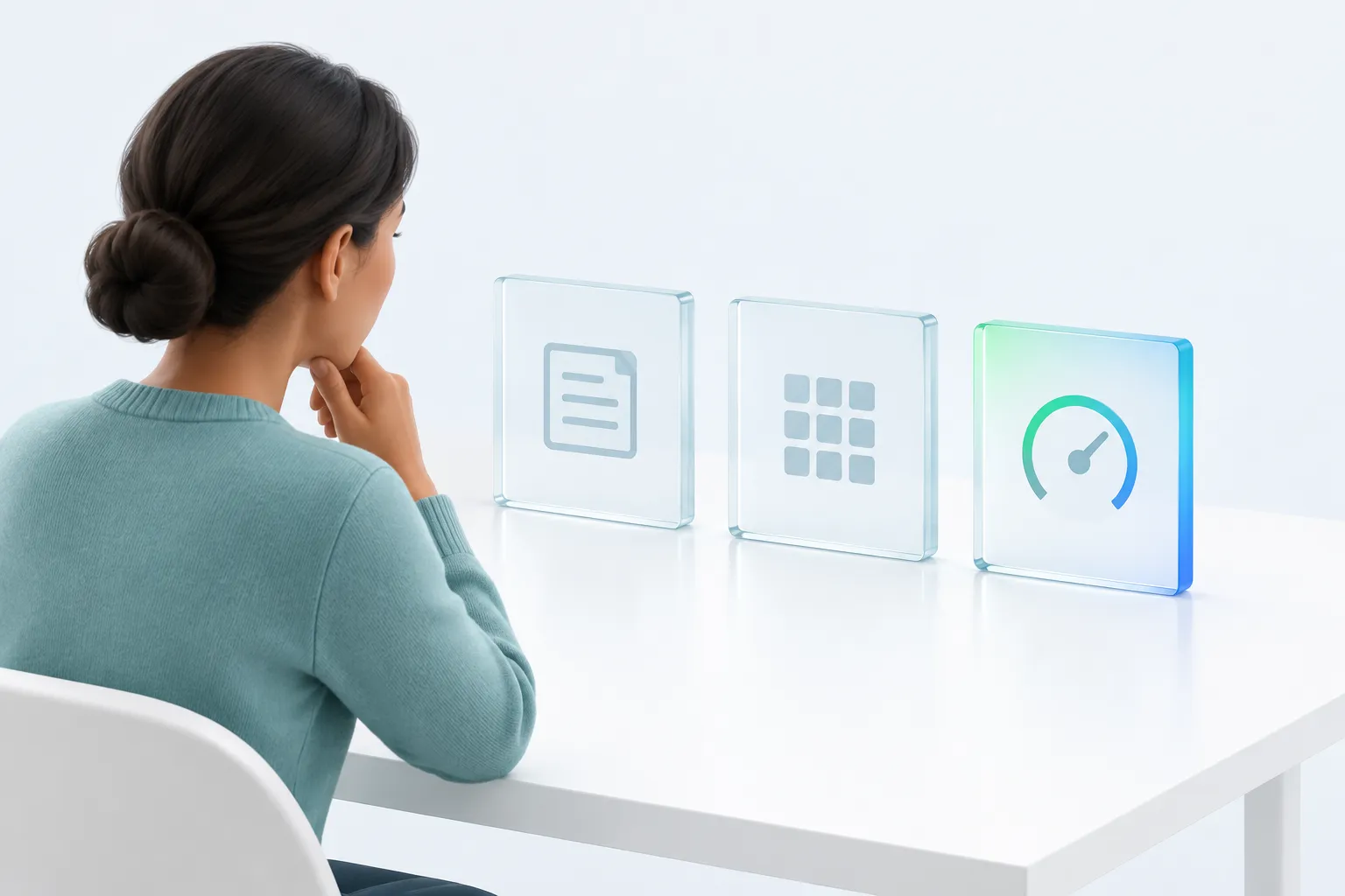 A person studies three glass panels representing different AI change management software dashboards side by side.