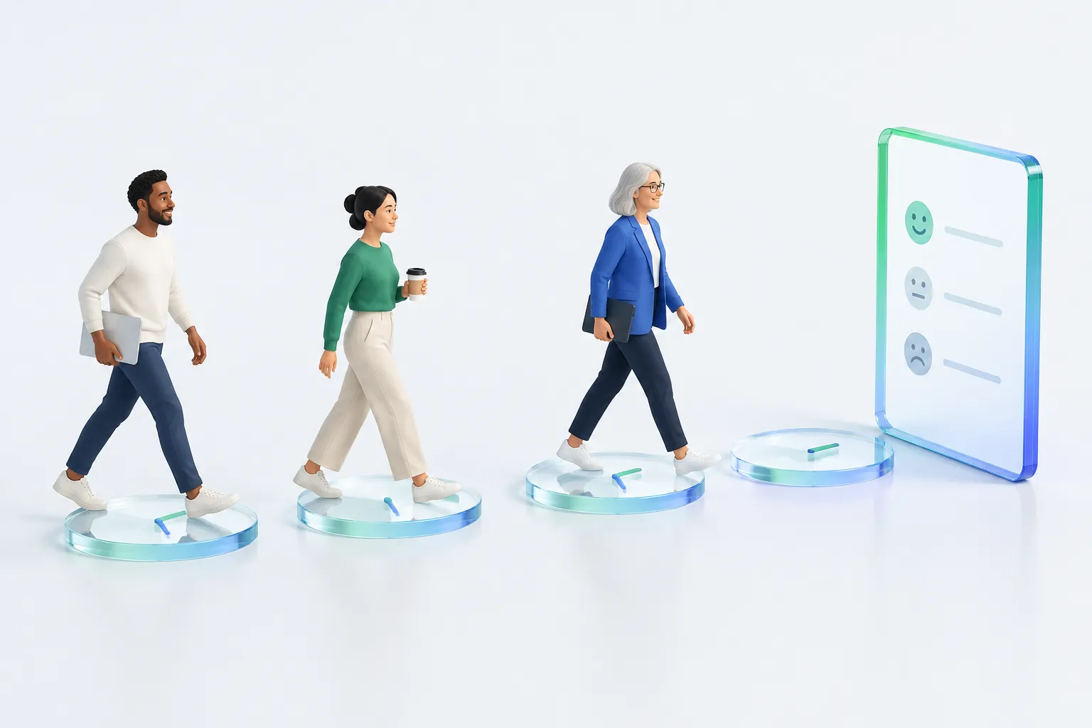 Colleagues cross dial-shaped stepping stones toward a survey tablet, representing the move from usage tracking to a dedicated adoption survey.