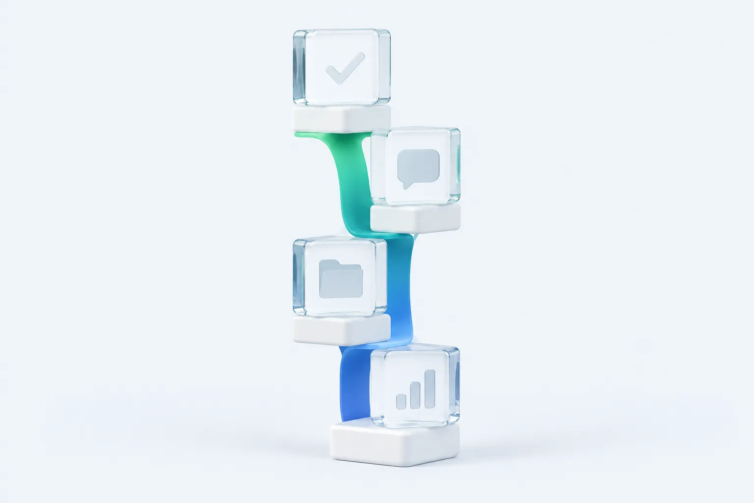 Four distinct glass forms bridged into one column, representing different input sources merging.