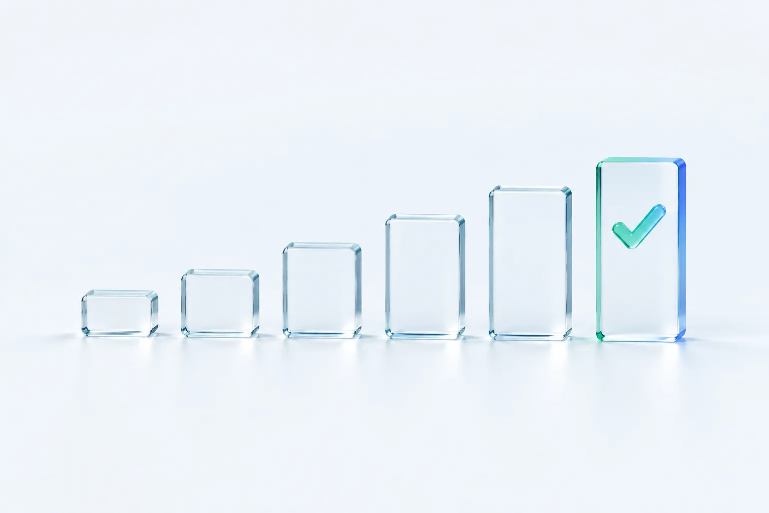 Six glass tiles of increasing height arranged in a row, representing steps toward a piloted draft.