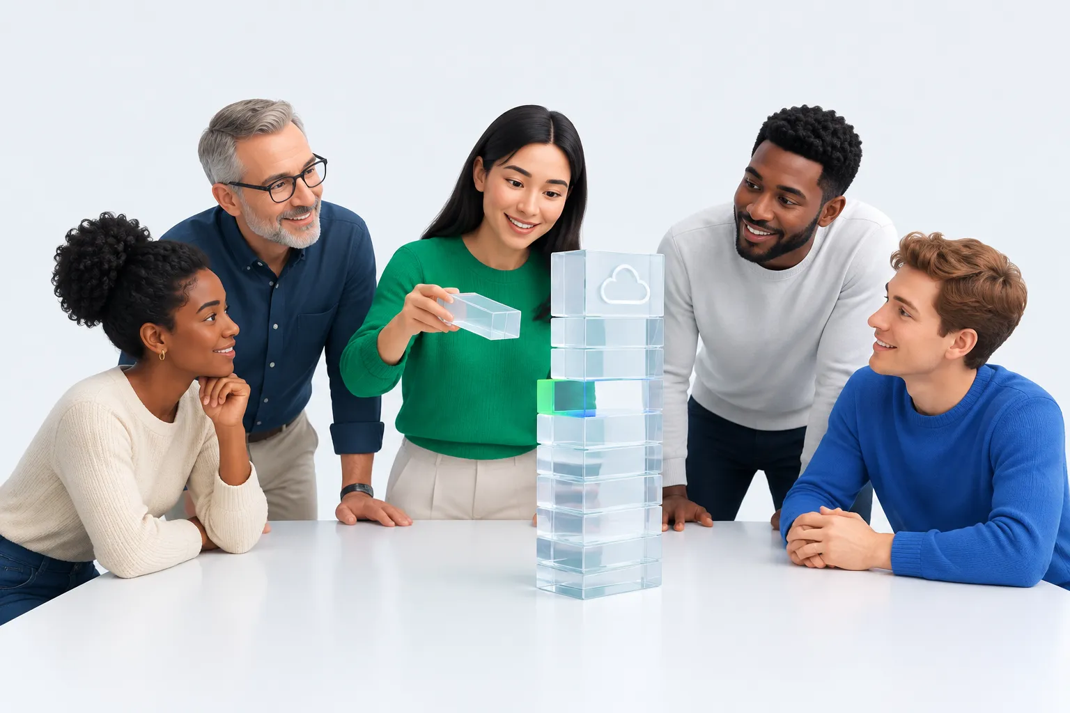 A team gathered around a glass stack of framework documents representing an AI readiness assessment AWS search returns, with one tile-shaped gap left open near the top
