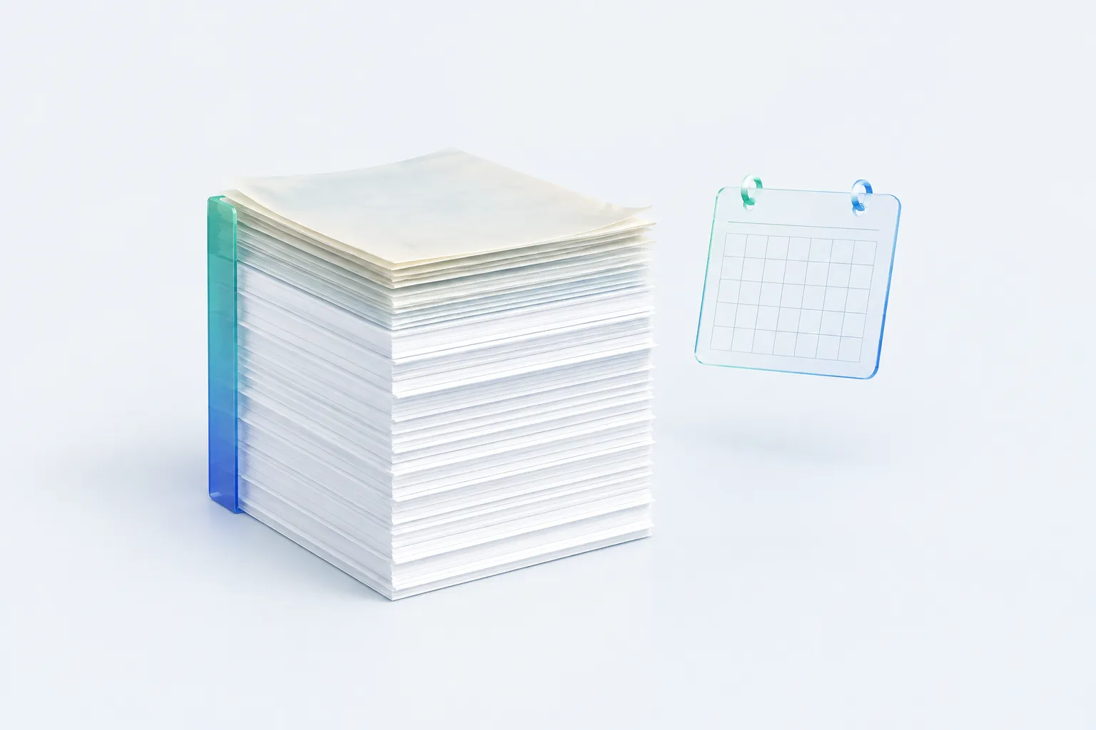 A stack of glass whitepaper sheets with the top sheets visibly faded, suggesting aging guidance documents beside a blank calendar page