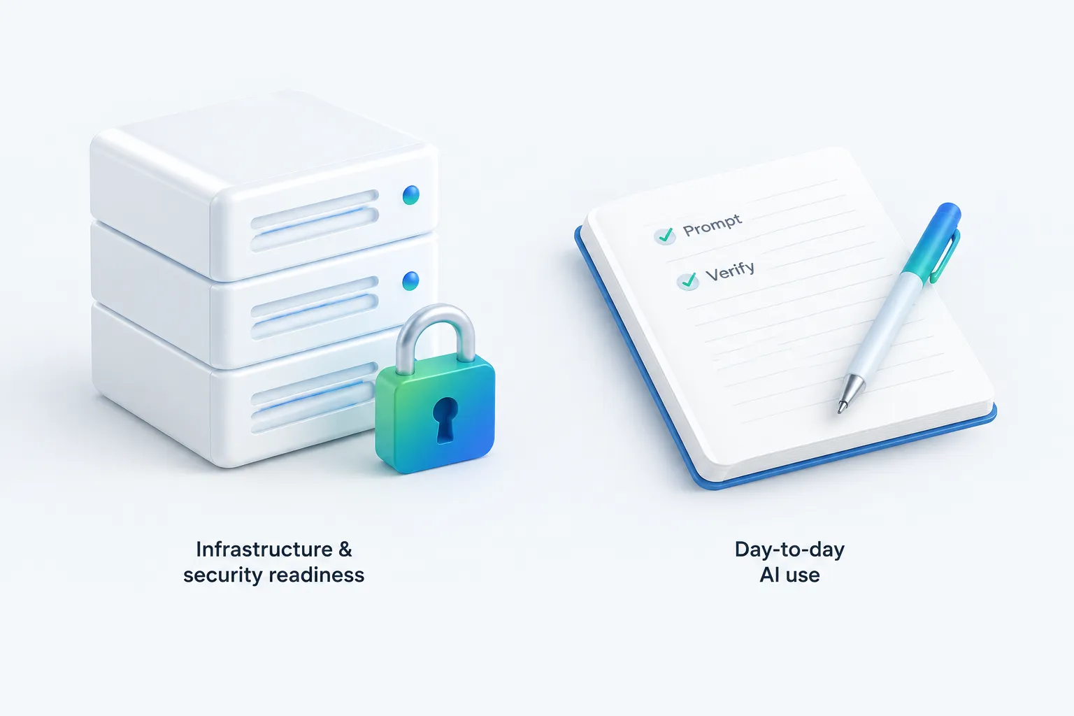 Comparison illustration contrasting infrastructure and security readiness objects with a notebook representing everyday prompting and verification habits.