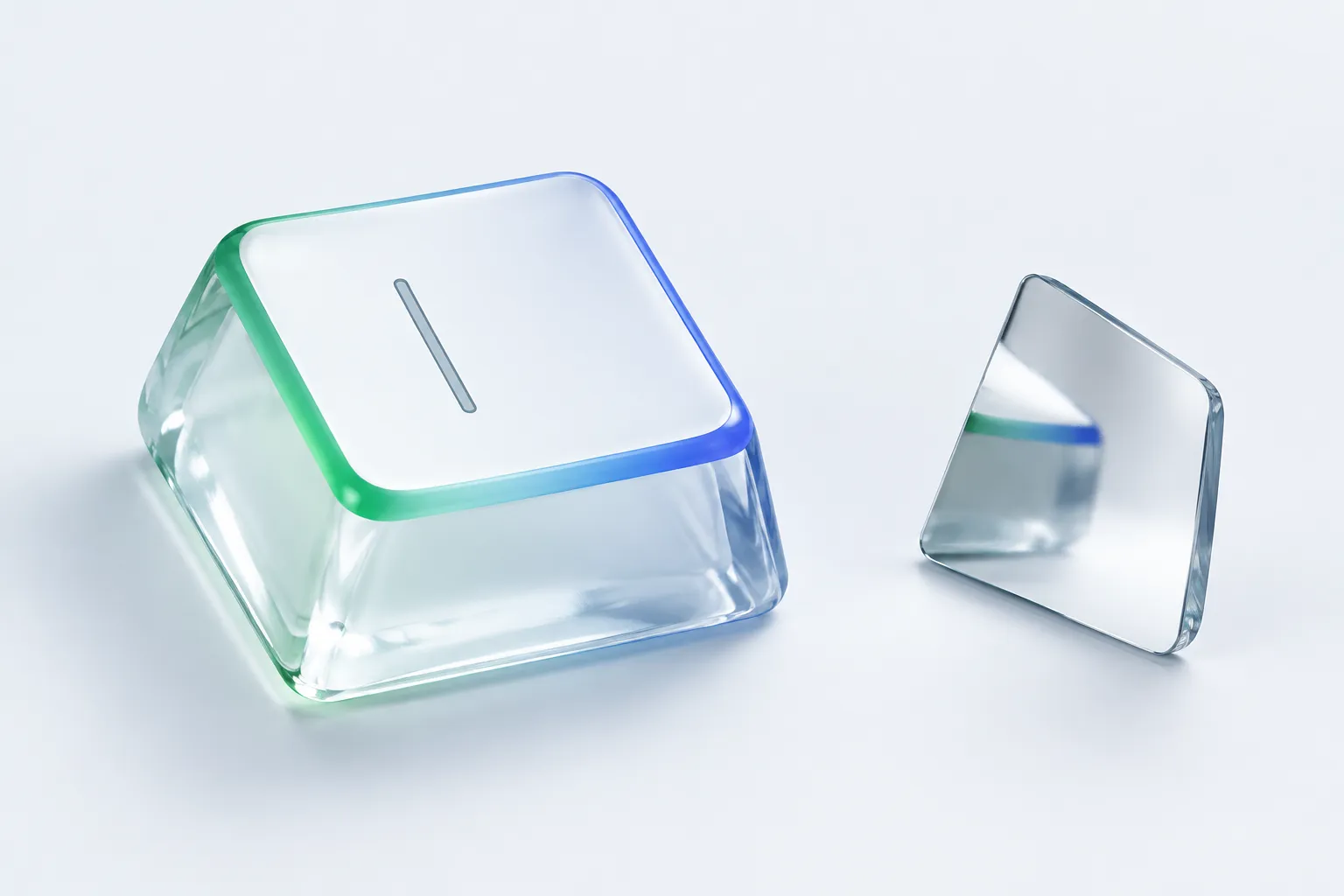 Editorial still life for a gen ai readiness assessment showing an oversized glass prompt key beside a small mirror reflecting a distorted highlight, representing prompting and unverified trust.