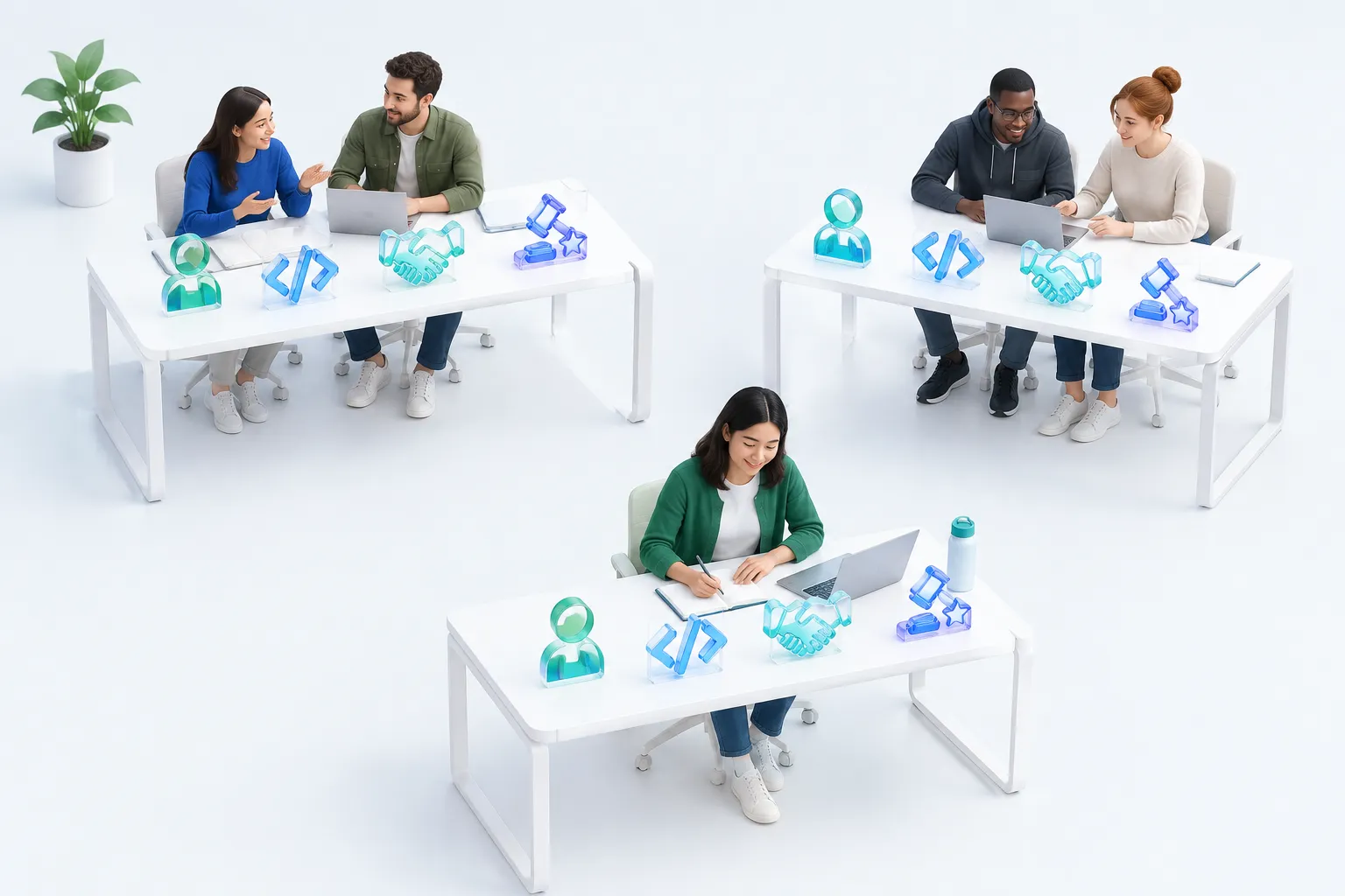 Overhead view of three desks each holding a different glass role icon representing separate AI Skills Navigator Microsoft training playlists