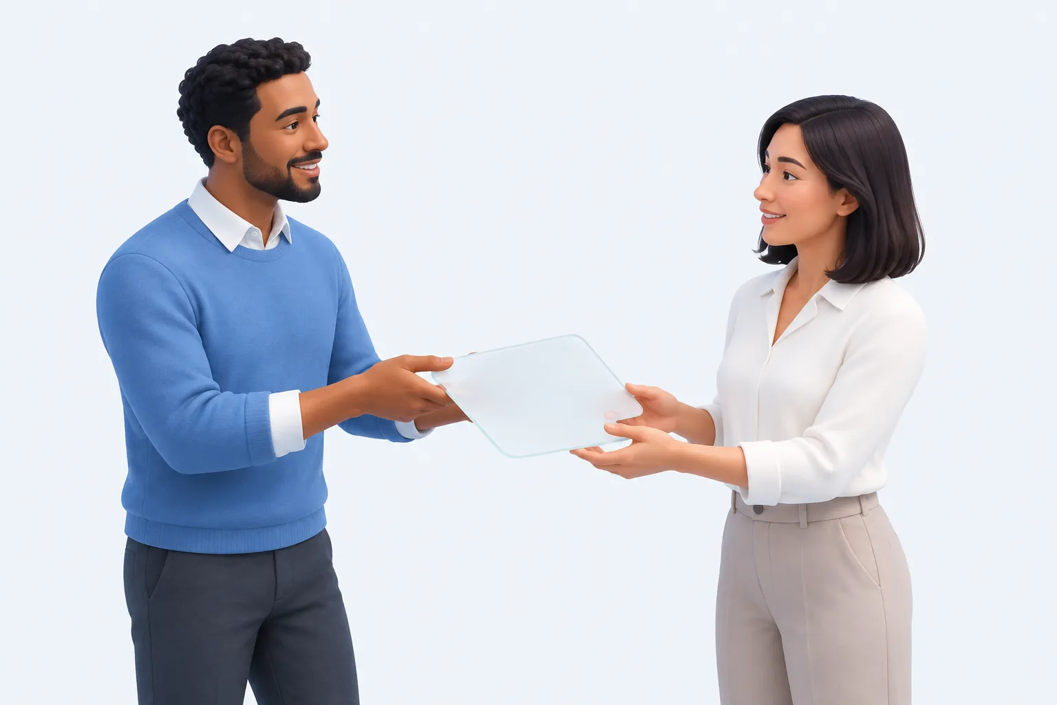 One colleague handing another a plain glass panel representing a completed training record