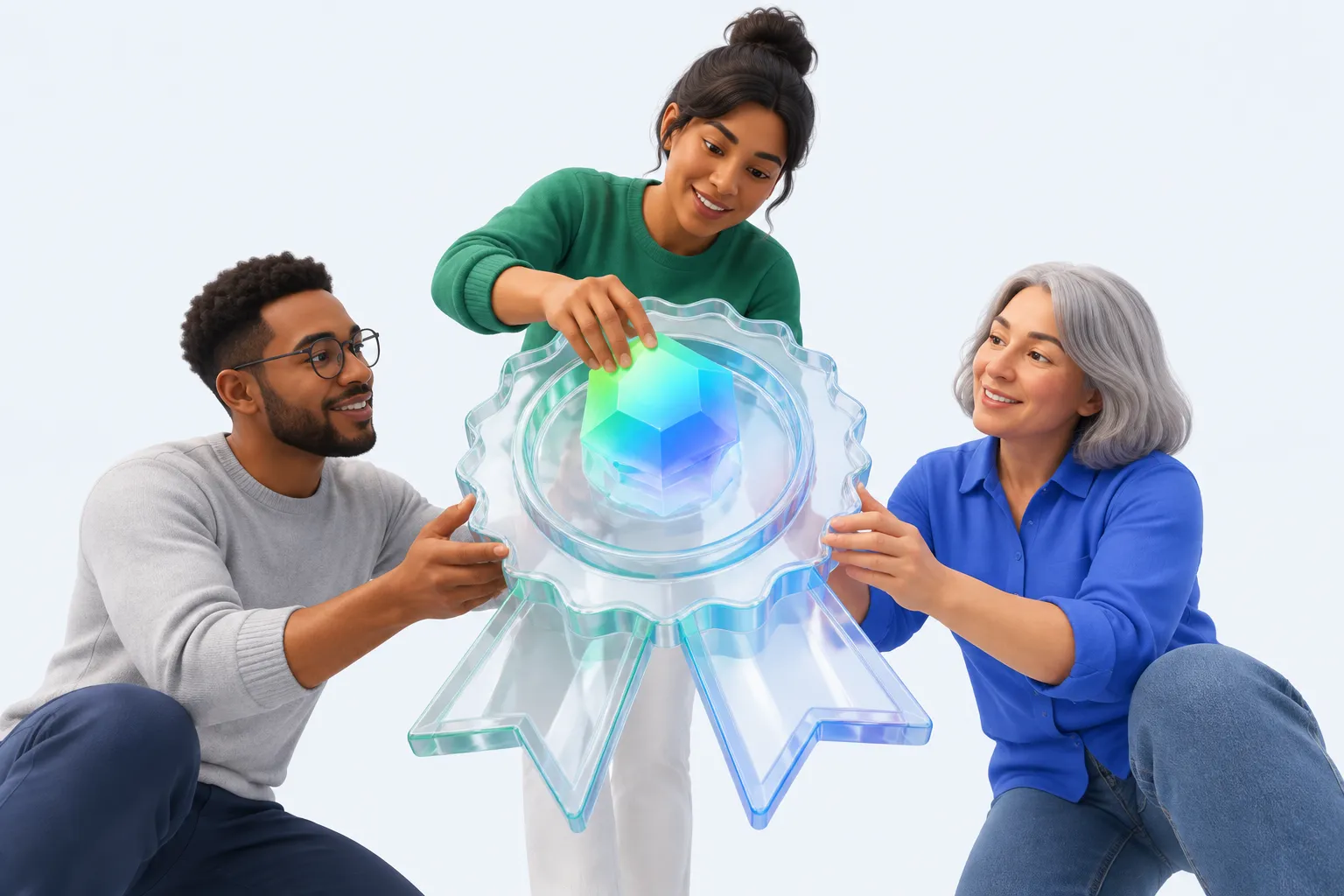 Three colleagues assembling a large glass credential seal, placing its final glowing piece