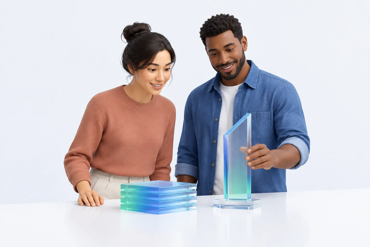 Two colleagues comparing a glass credential trophy with a stack of glass training playlist tiles