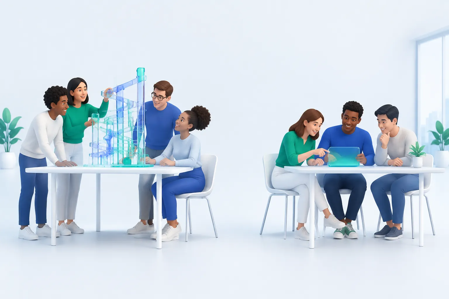 Conceptual comparison image of one team working with an elaborate structure and another team working with a compact object