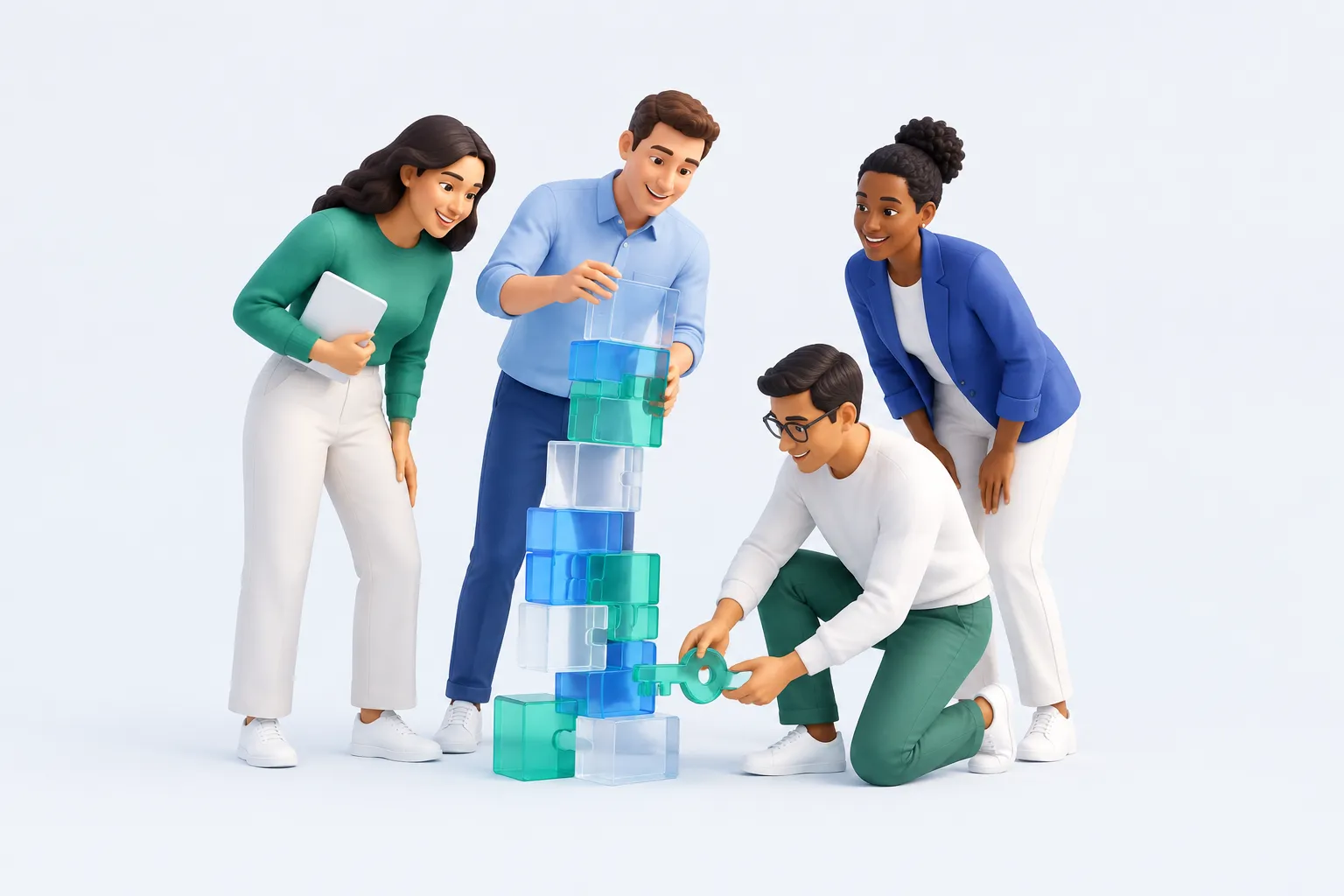Illustration for an article on Microsoft Viva Glint pros and cons showing a small team steadying a tall stack of glass blocks