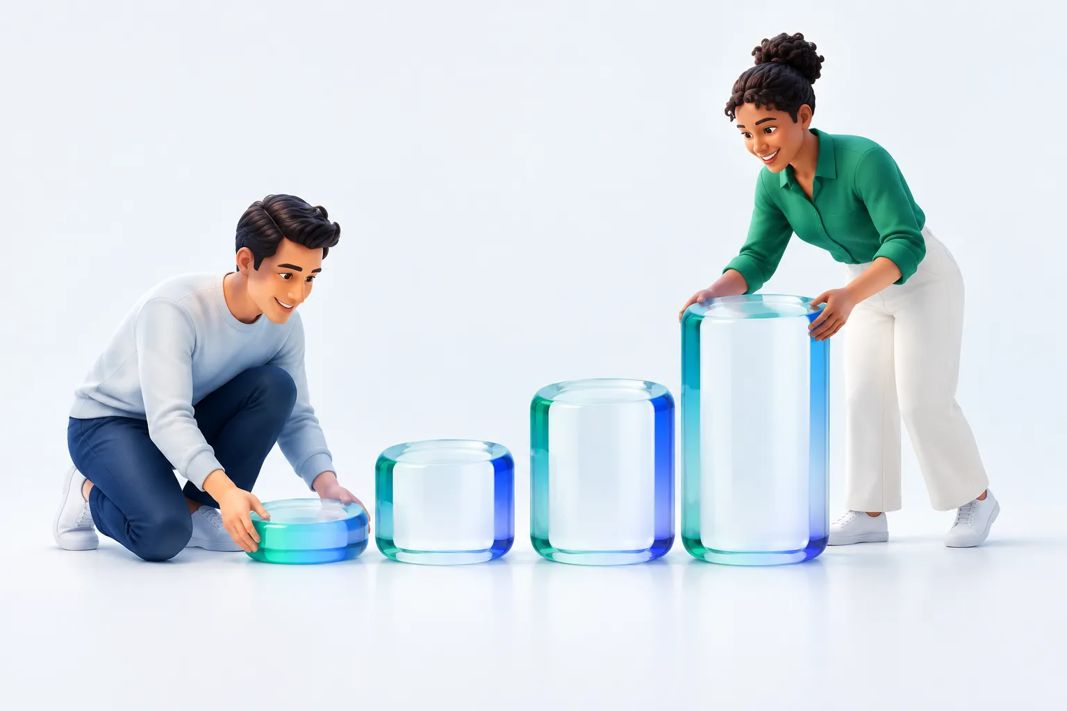 Conceptual image of two colleagues assembling a sequence of glass steps representing a multi-stage setup process