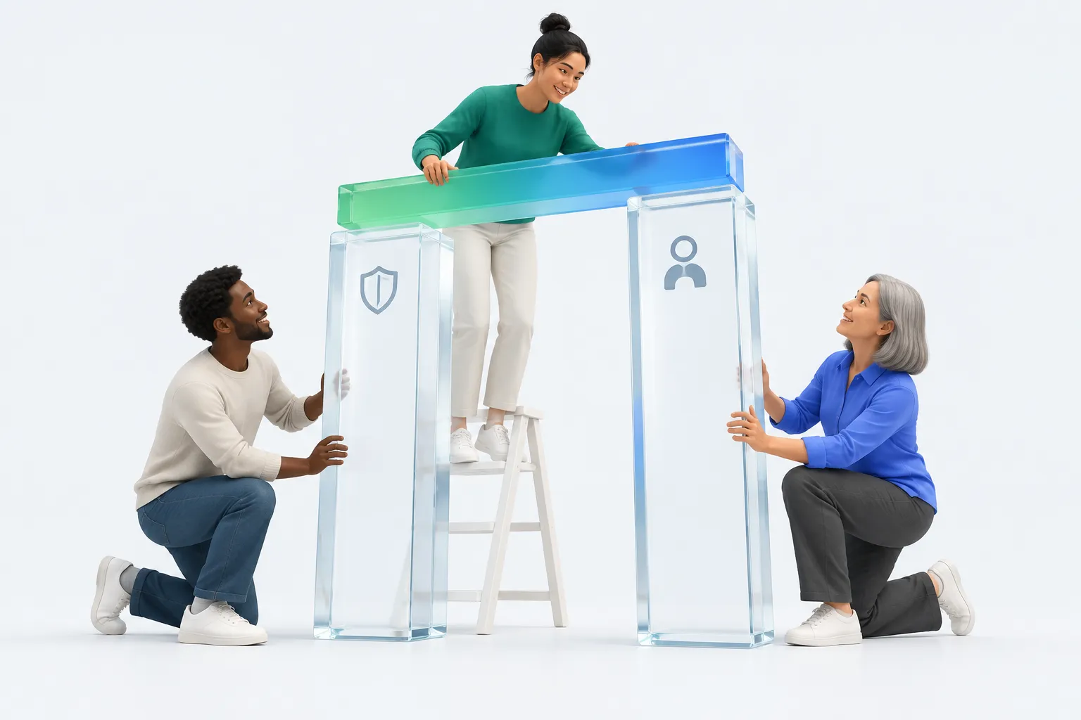 A team assembling a two-pillar glass structure joining governance and workforce marks, representing a two-track AI readiness review.