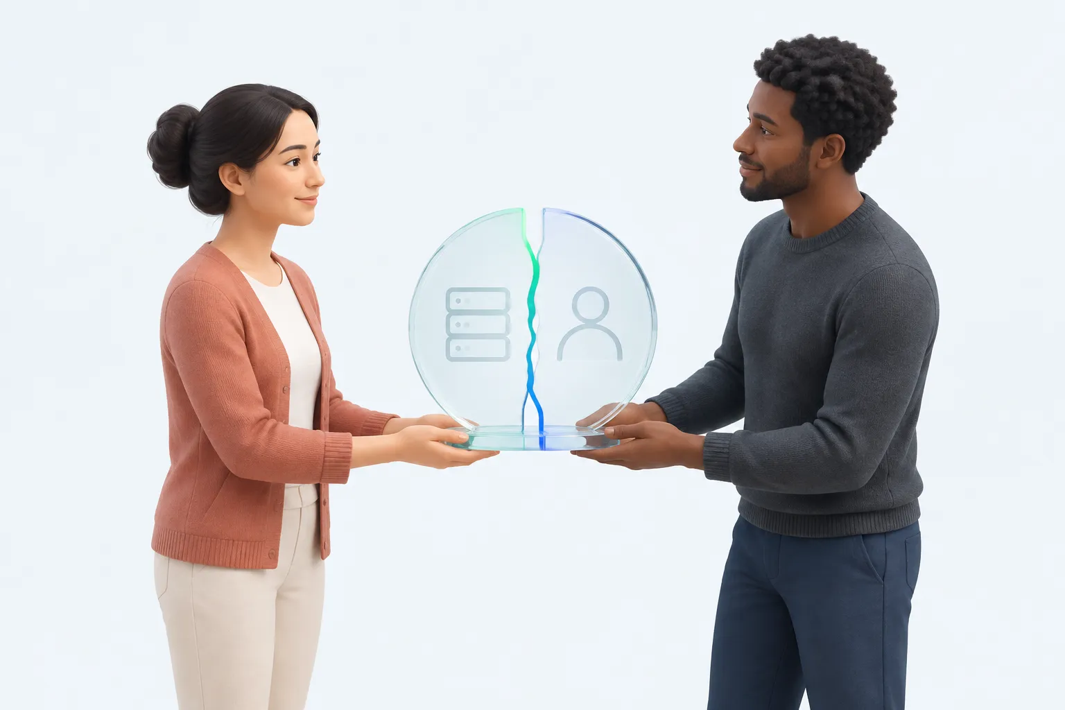 Two colleagues exchanging a glass seal split between an infrastructure mark and a workforce mark, illustrating enterprise AI readiness as two separate claims.