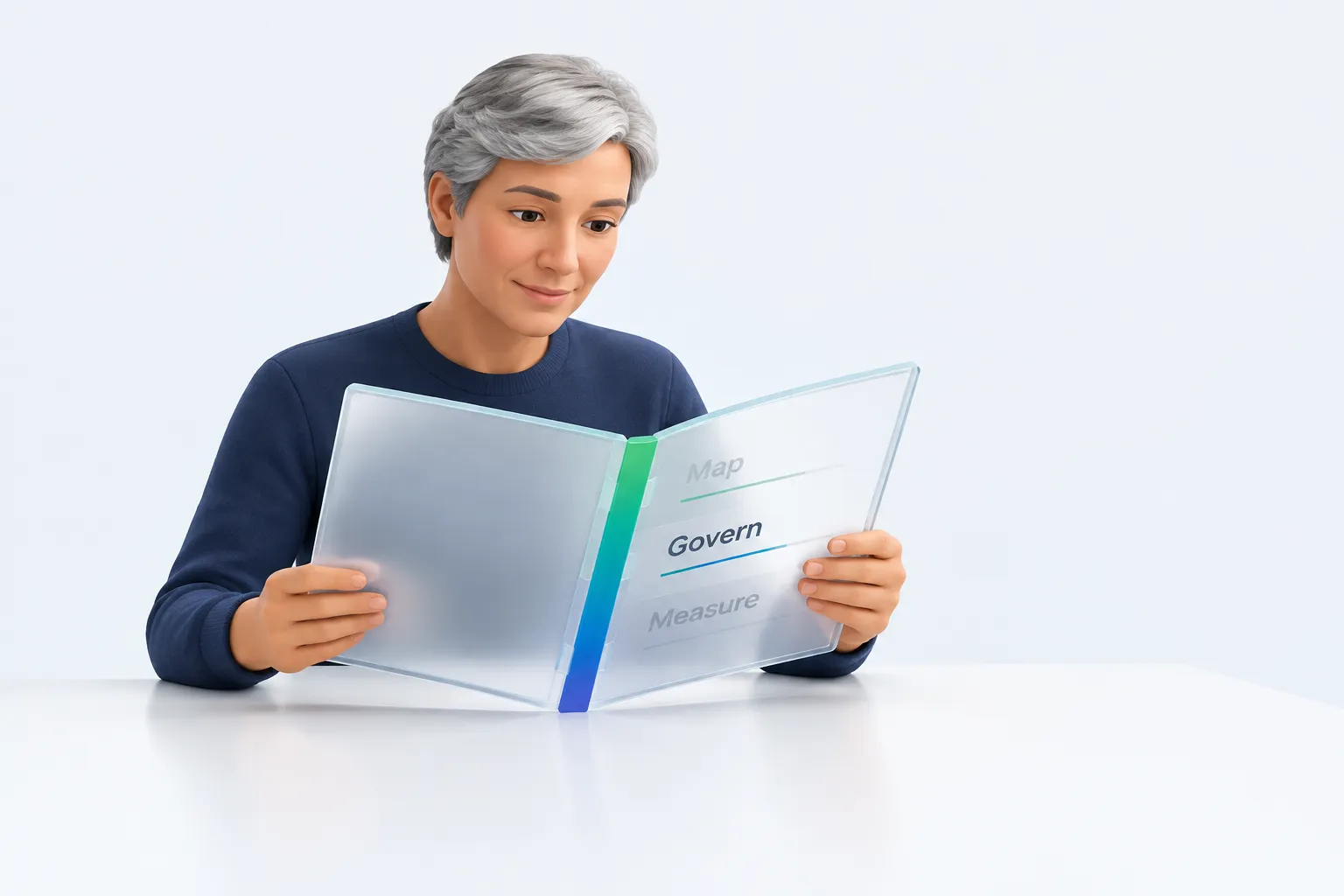 A person reviewing a glass binder of governance policy documents, representing infrastructure readiness evidence.
