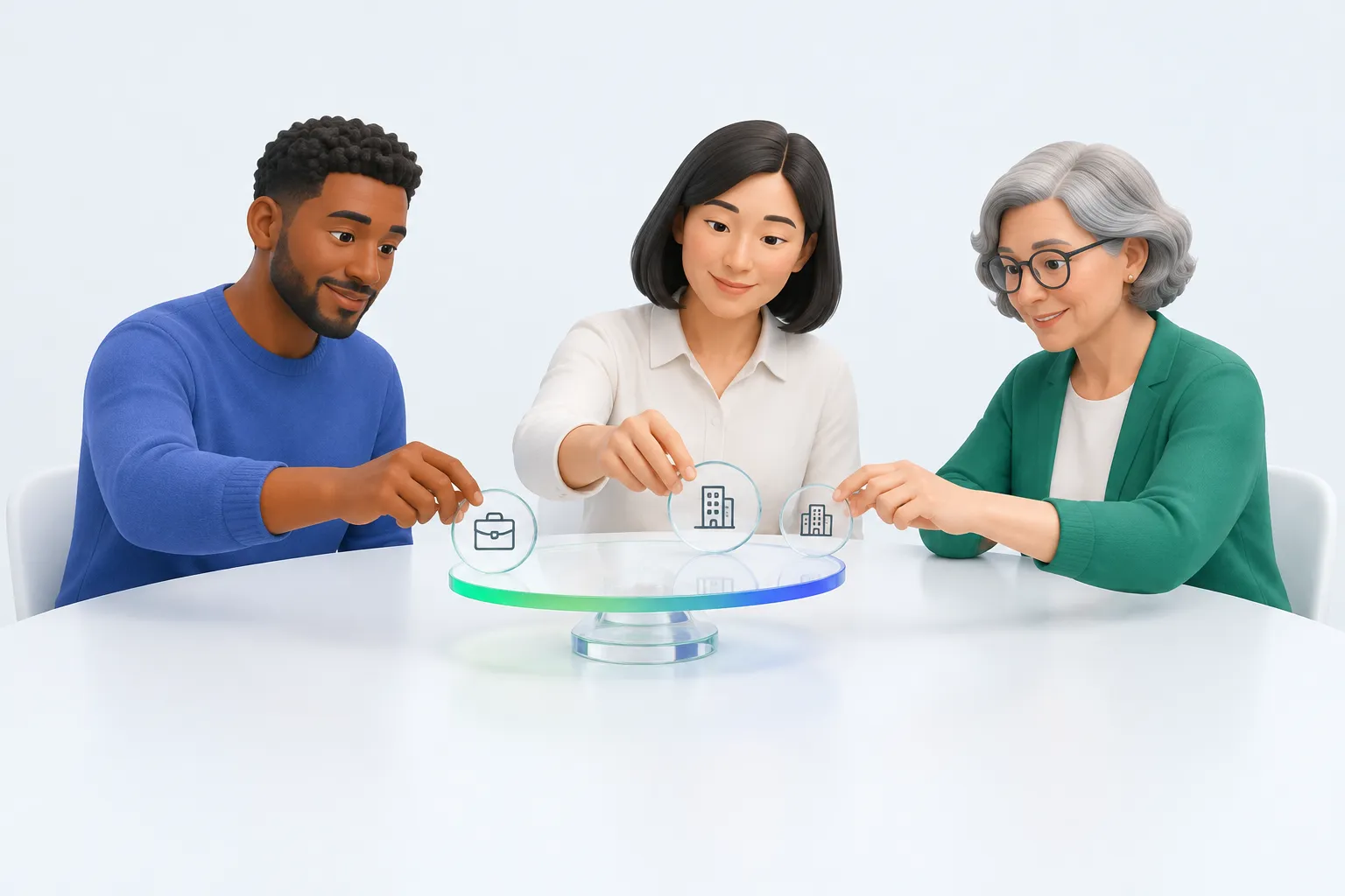 Colleagues place tokens representing a consultant and an in-house team onto a level balance platform at their table, weighing the two options.