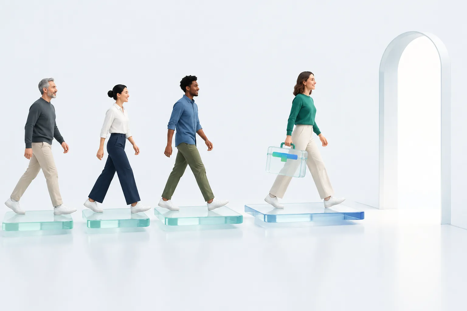 A small team crosses a series of platforms toward an open archway, led by one colleague carrying a toolkit, representing outside help arriving on a rollout.