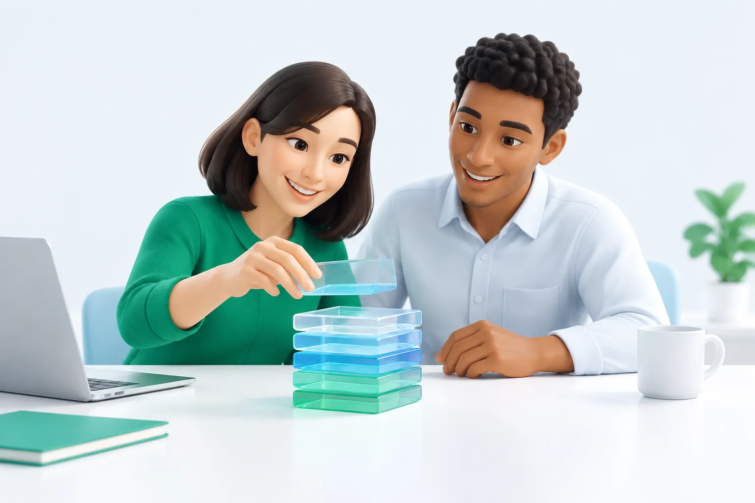 Illustration of colleagues quickly completing a stack of small, well-scoped tasks.