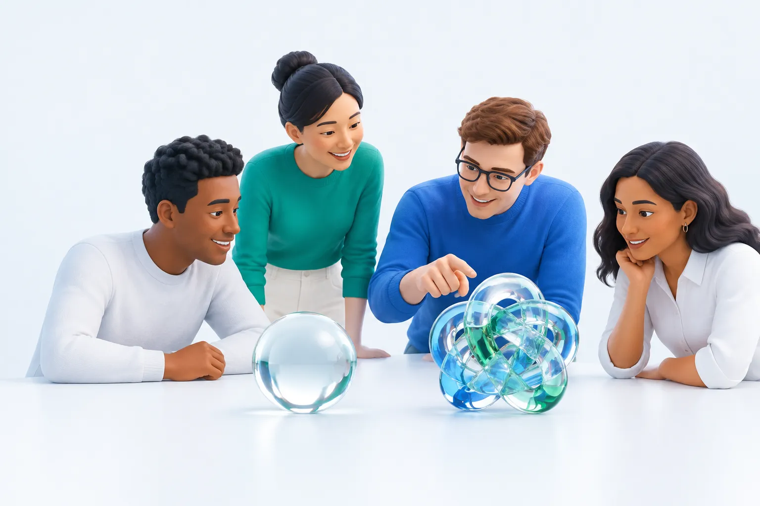 Comparison illustration of a simple glass sphere beside a complex tangled glass knot being examined by colleagues.