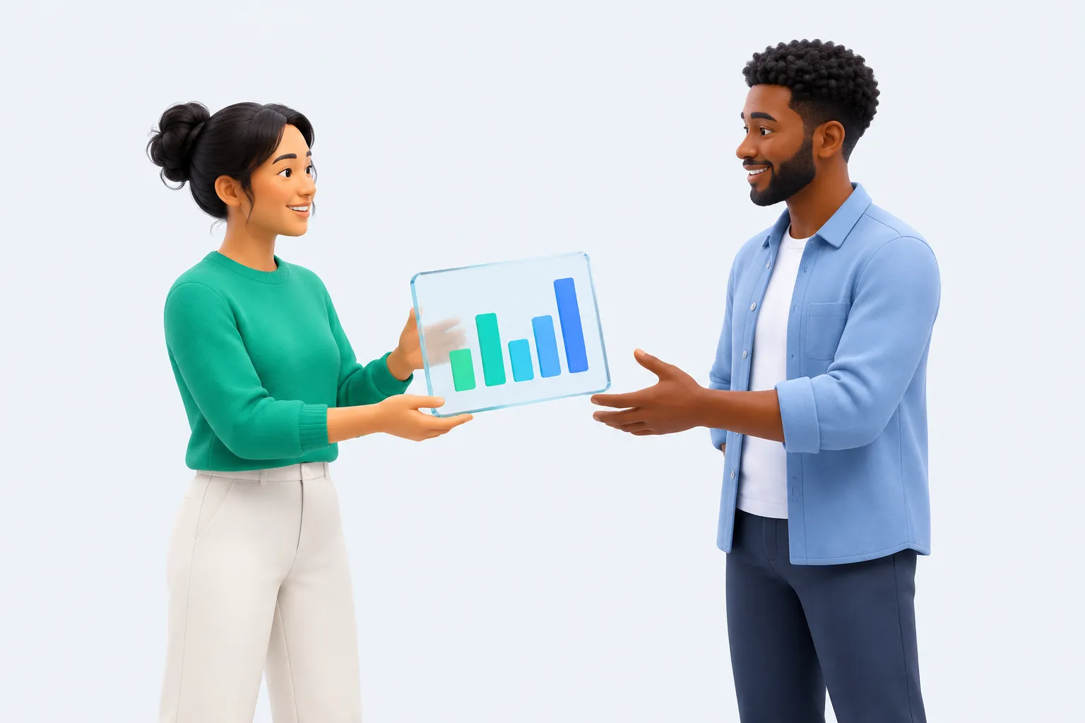 Two colleagues exchanging a glass panel showing separate category scores rather than one blended number.