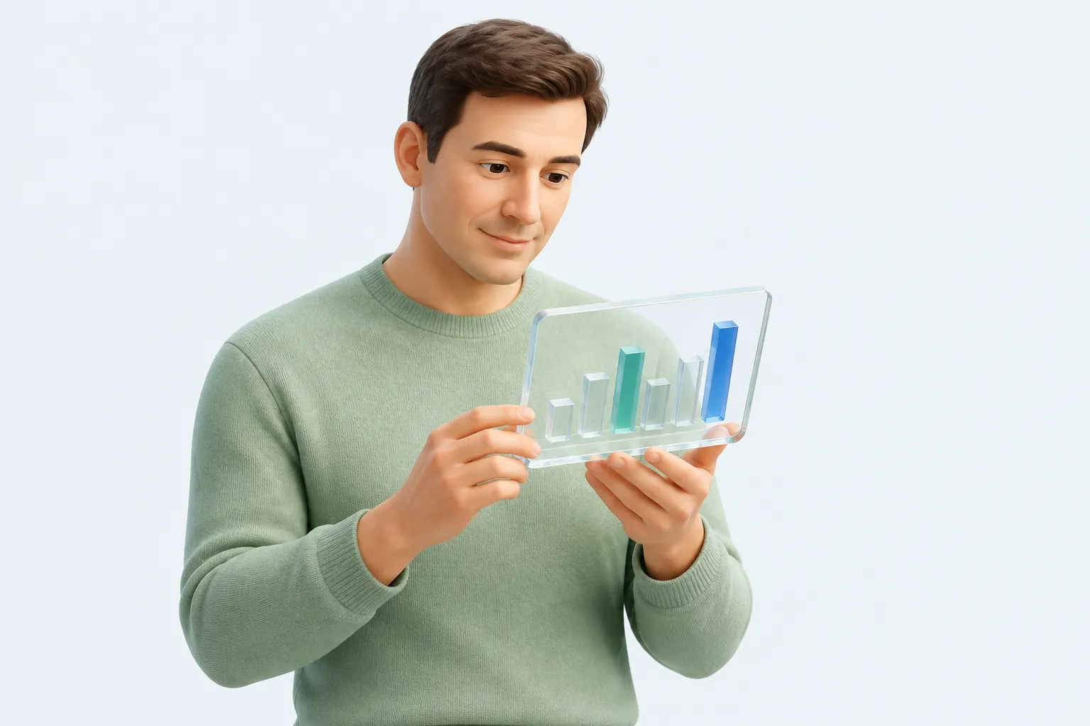 A person reviewing a glass ledger of weighted categories, representing building an AI readiness index from employee survey data.