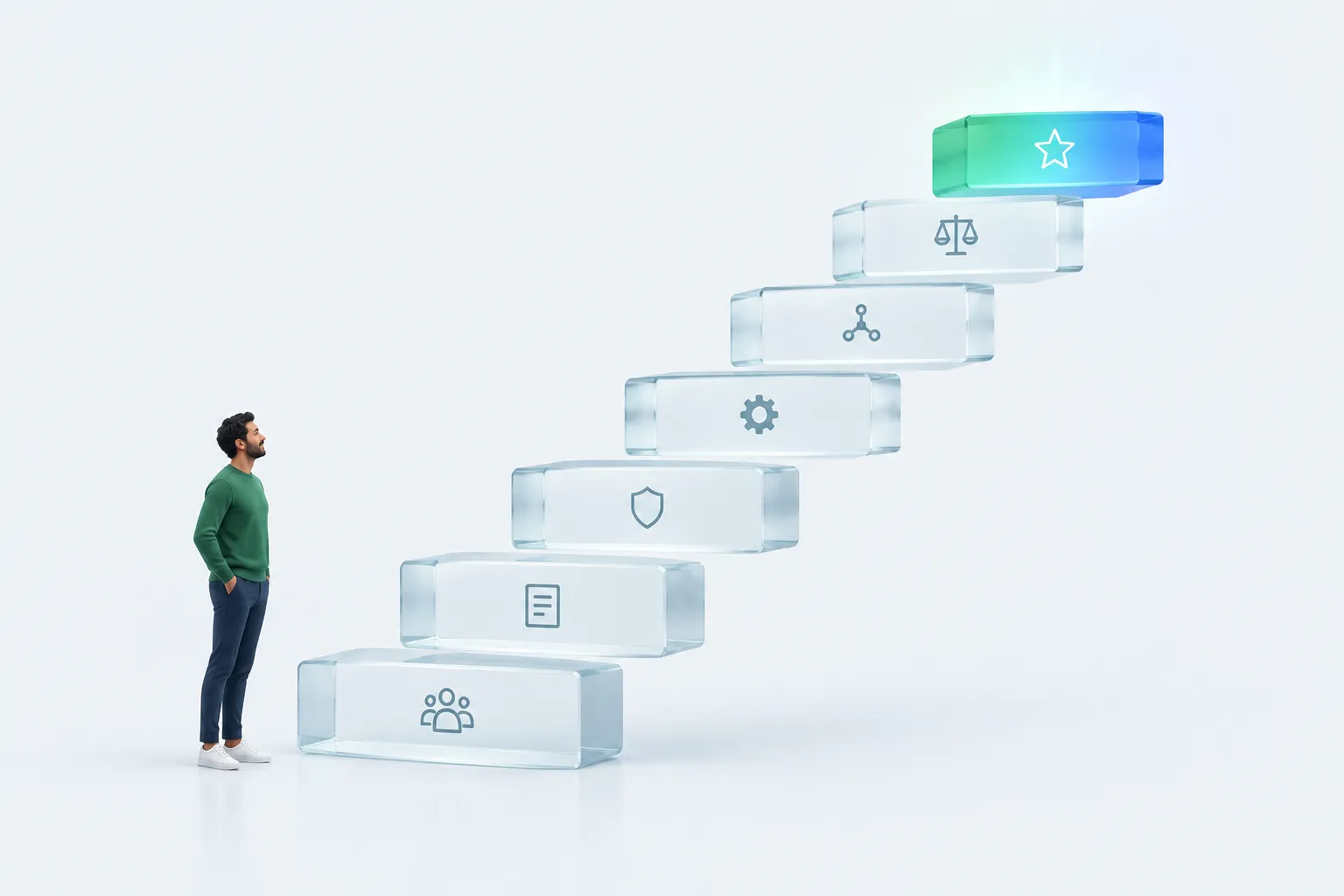 A person standing beside a tall glass staircase of seven steps, representing the sequence for building an index.