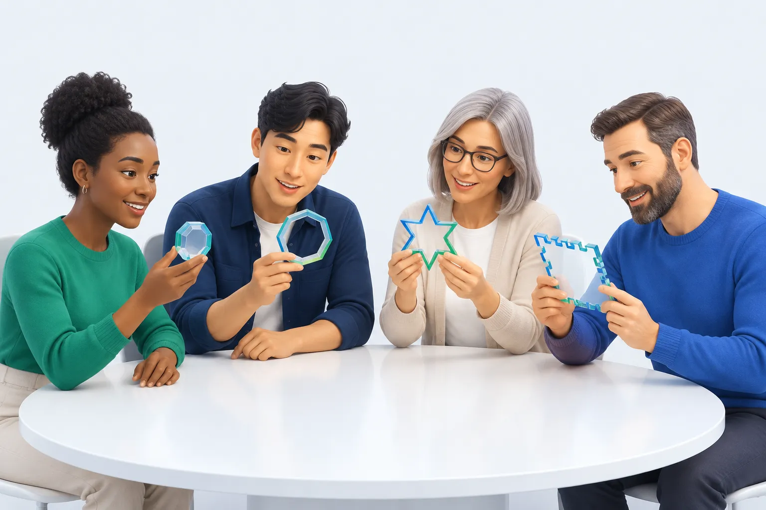 Four colleagues each holding a differently shaped glass tool, representing distinct AI maturity frameworks