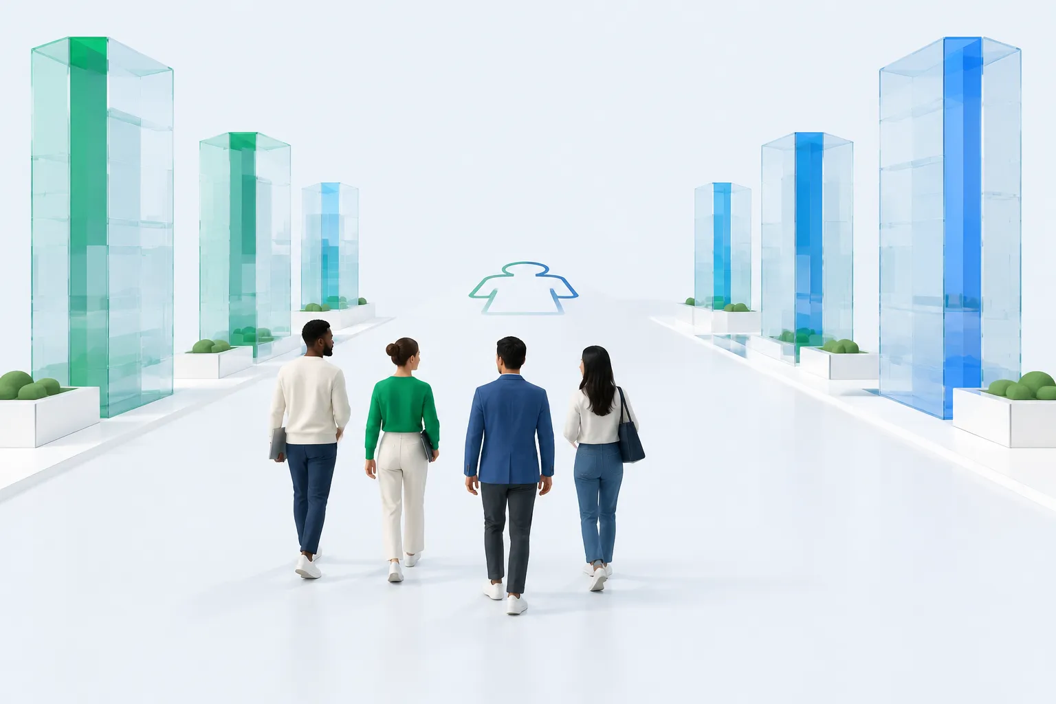 Four small figures walking past tall glass towers toward an empty outlined figure shape on the ground