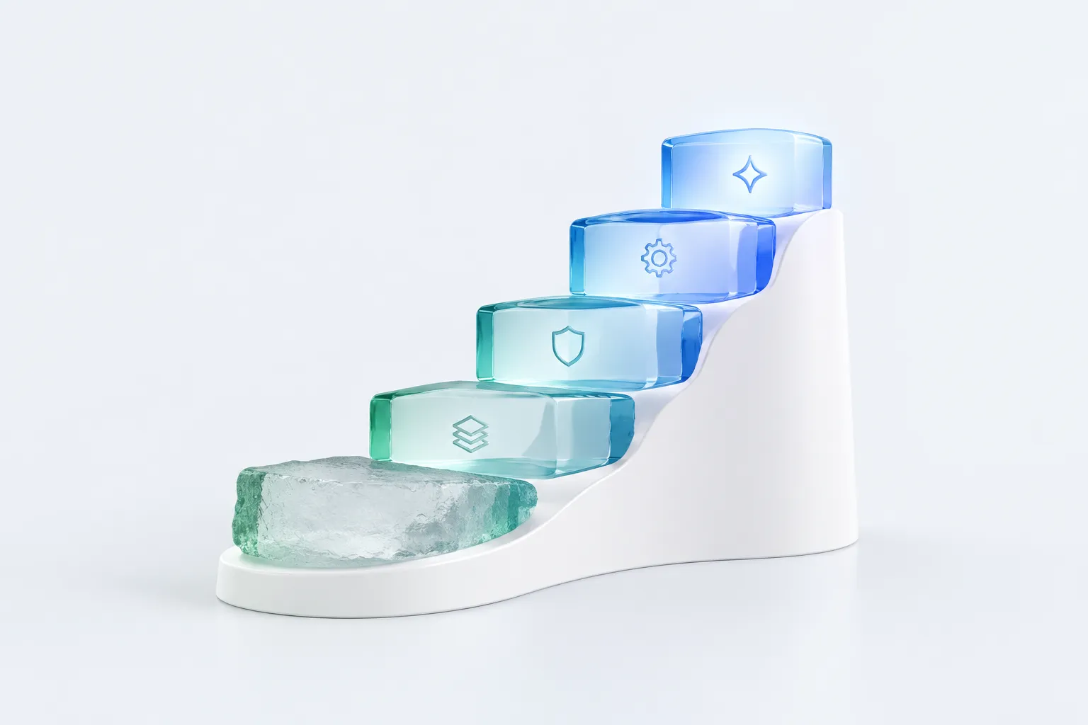 Glass staircase of five uneven steps representing an AI maturity assessment from Gartner's five stages