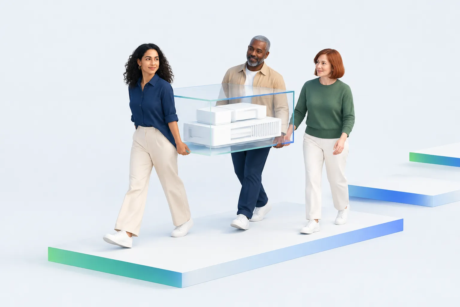 Three colleagues move a project crate along shallow platforms.