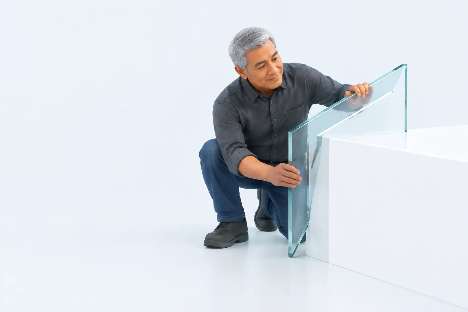 An engineer checks a fabricated corner with an oversized glass square.