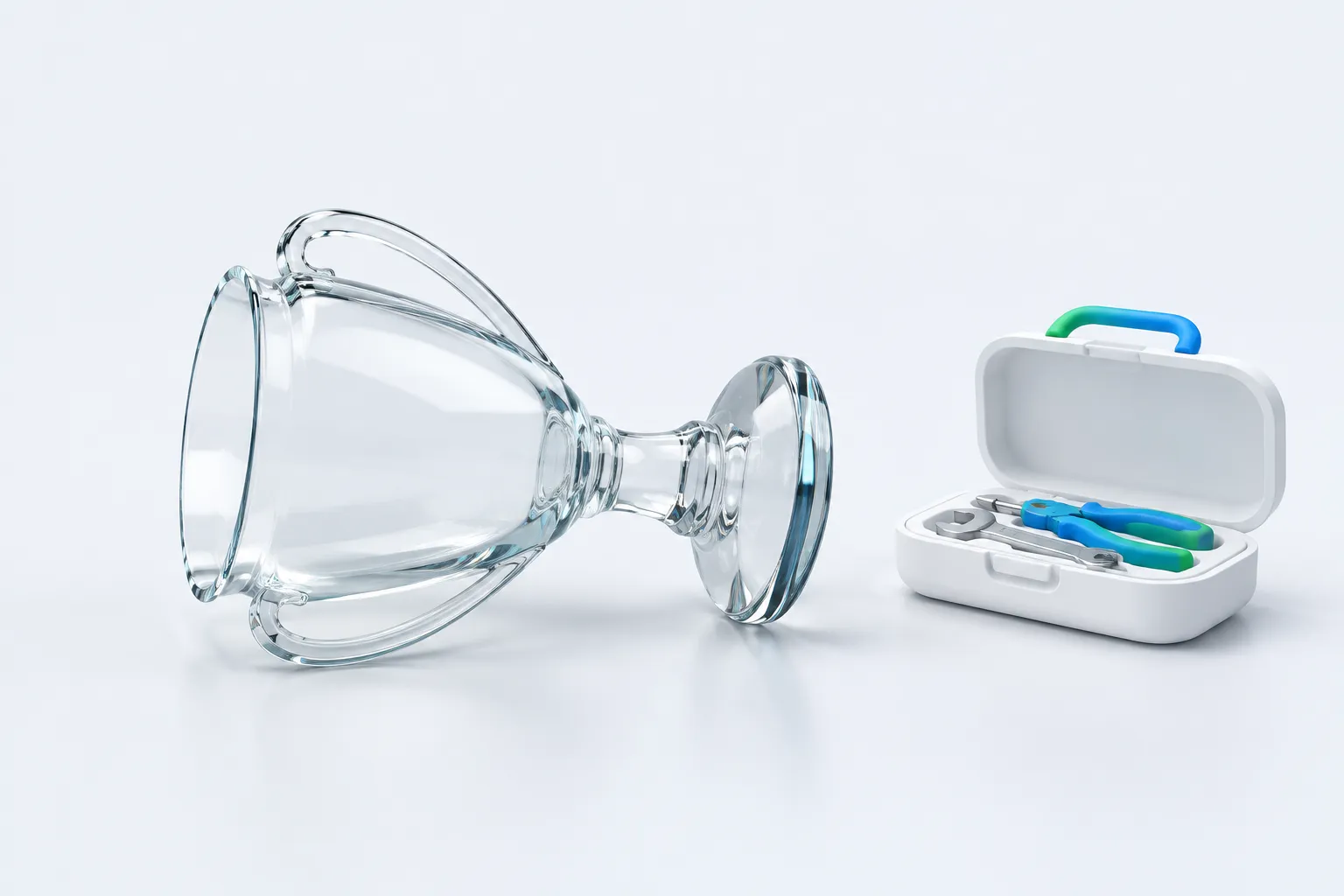 A glass trophy on its side beside an open white tool case.