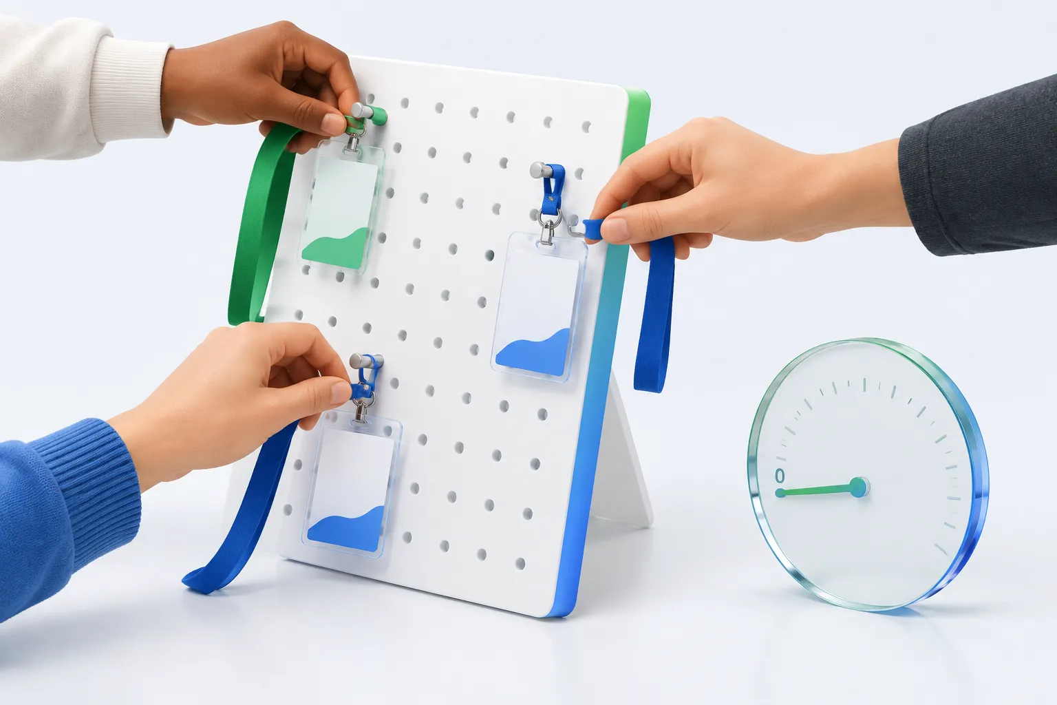 Hands pinning glass conference badges to a board next to a flat skill gauge needle.