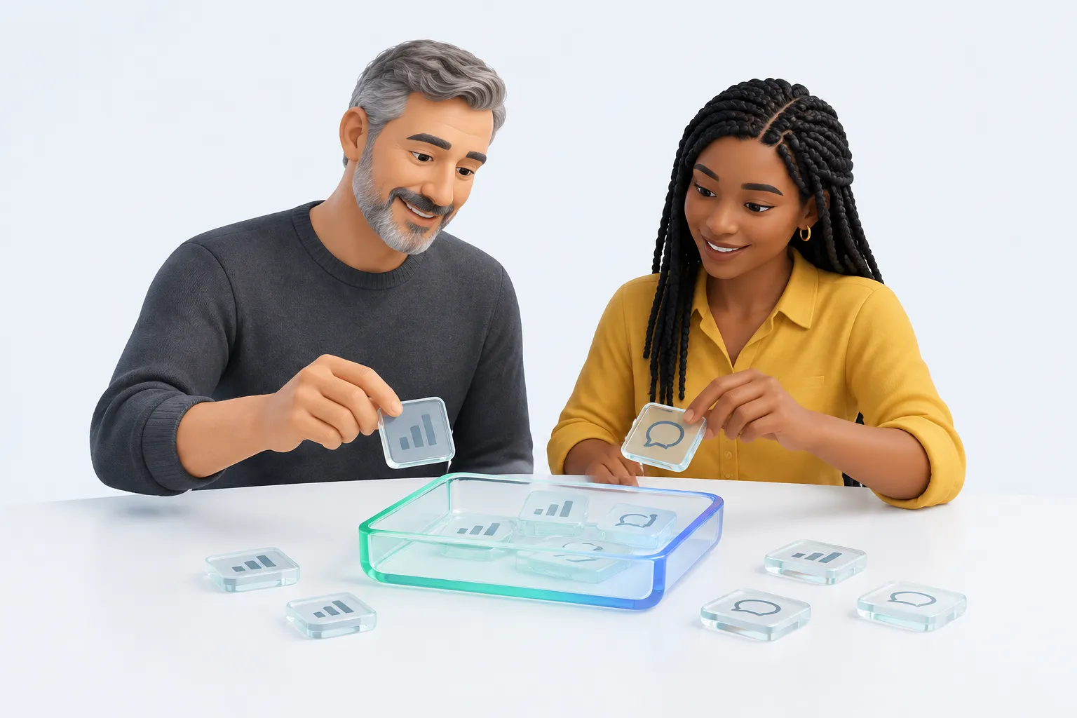 Two colleagues sorting glass survey tiles into a tray together.