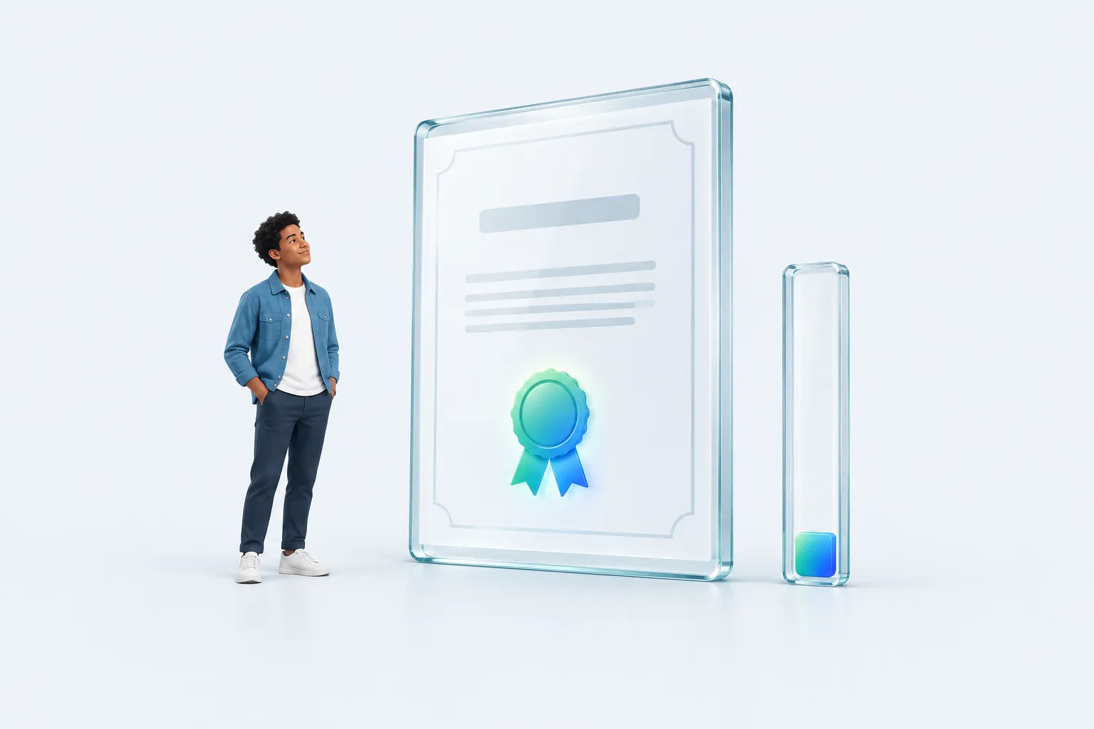 A small figure beside an oversized glass completion certificate next to a barely moving skill gauge.