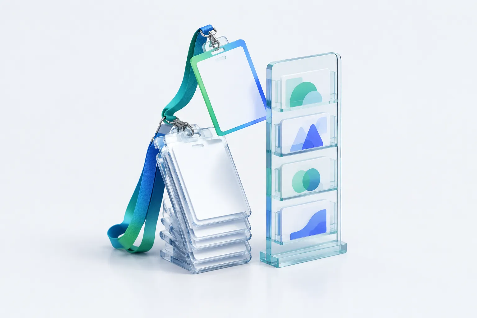 Abstract glass sculpture of conference badges leaning against a course rack, illustrating the ai skills marketplace article's idea that attendance doesn't equal skill.