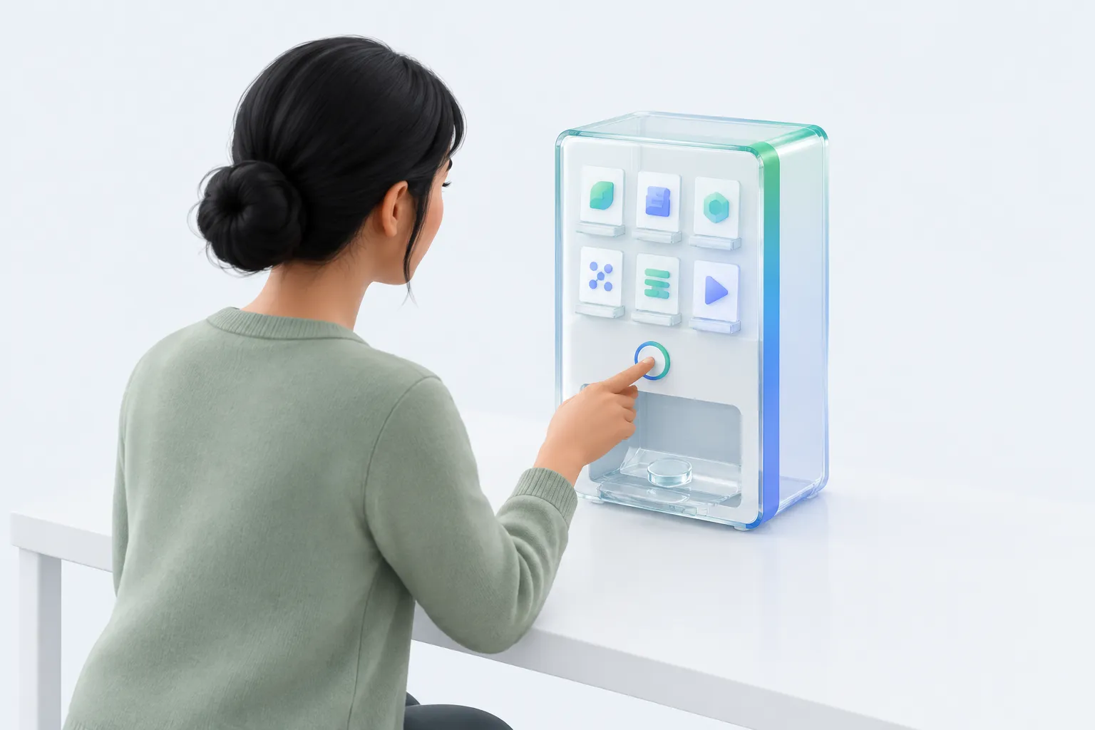 A person pressing a button on a glass vending-machine-style AI skills marketplace catalog, with an unmarked token below.
