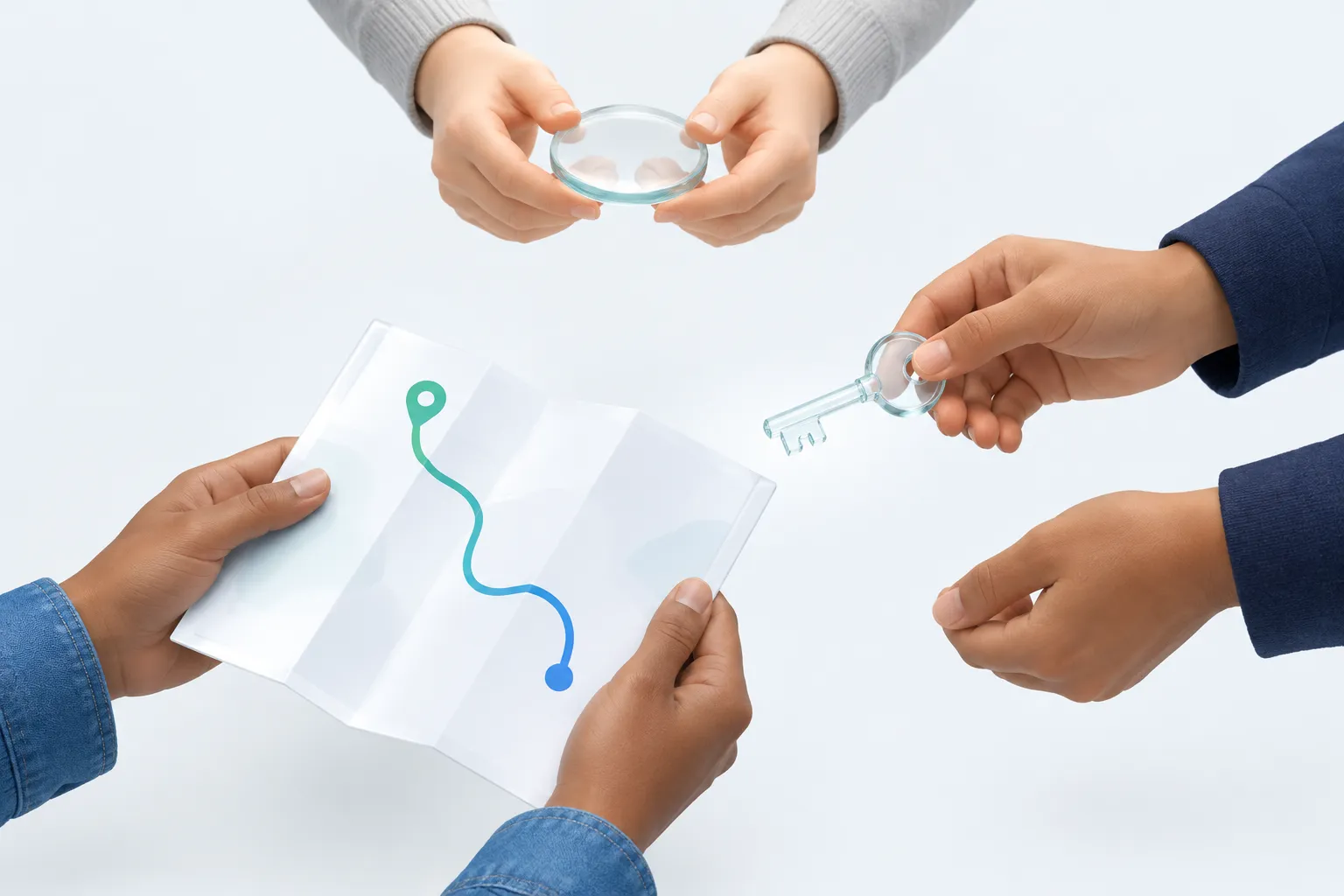 Three pairs of hands working with a white map, a glass key and a glass lens