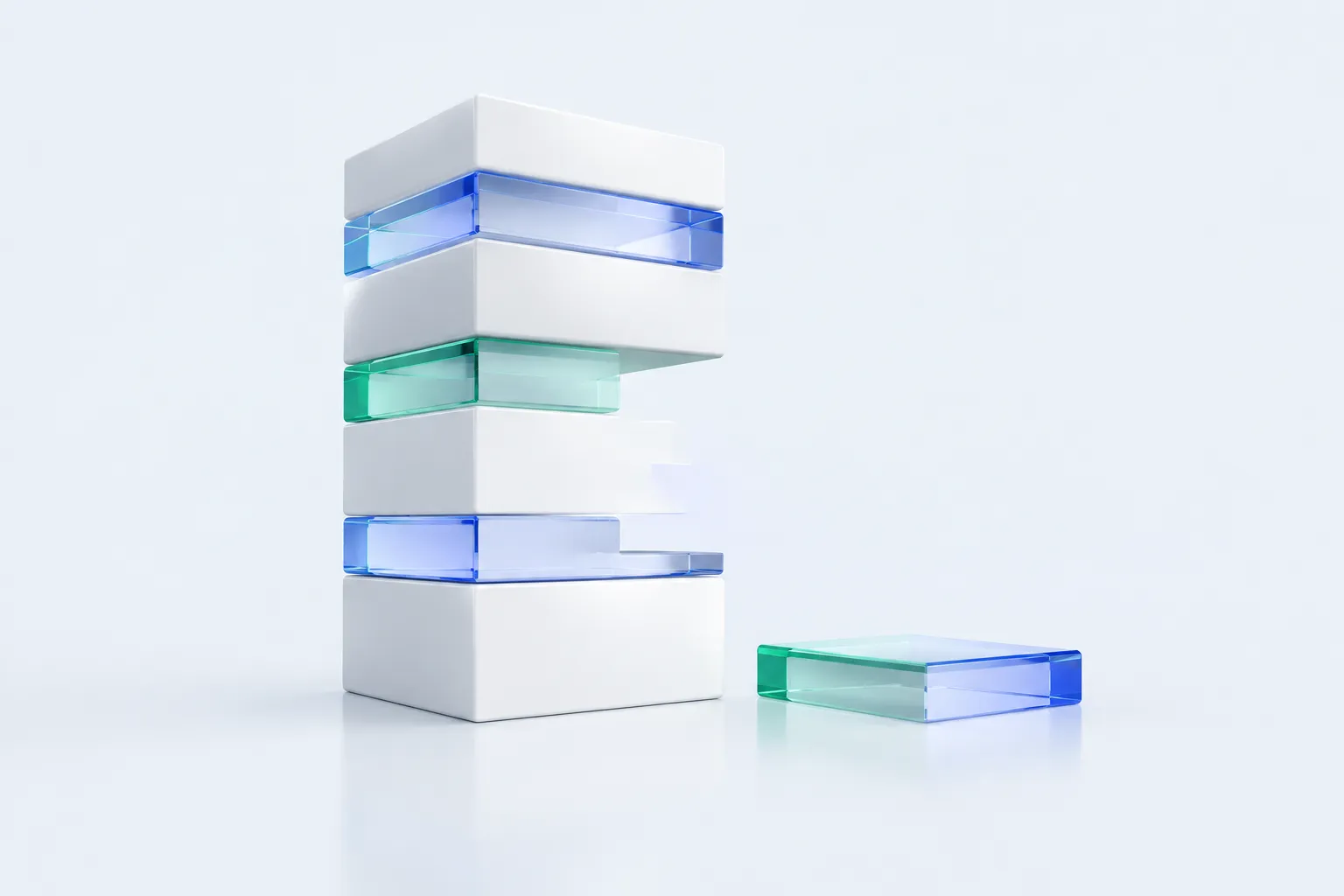 Sculpture of stacked white and glass blocks with one gap