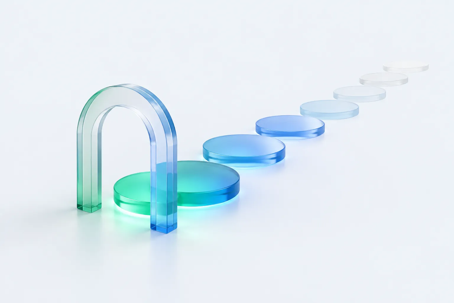 Glass sculpture of glowing discs fading along a path, illustrating AI adoption survey questions about whether use fades after rollout.