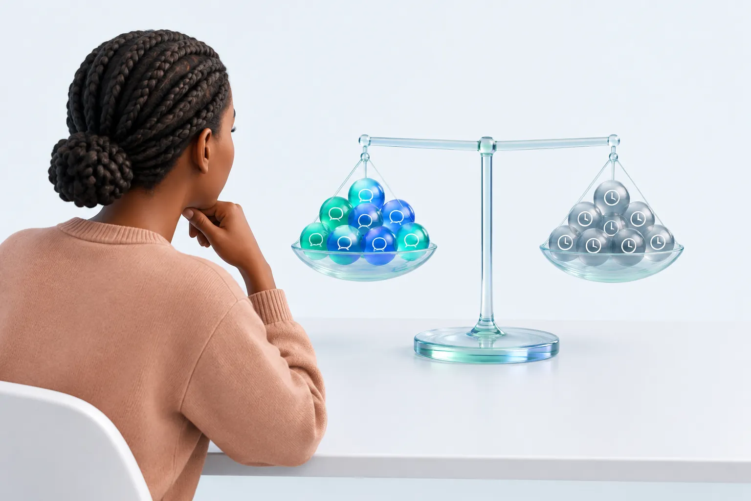 A person studies a glass balance scale holding self-reported answer beads level against logged-usage beads.
