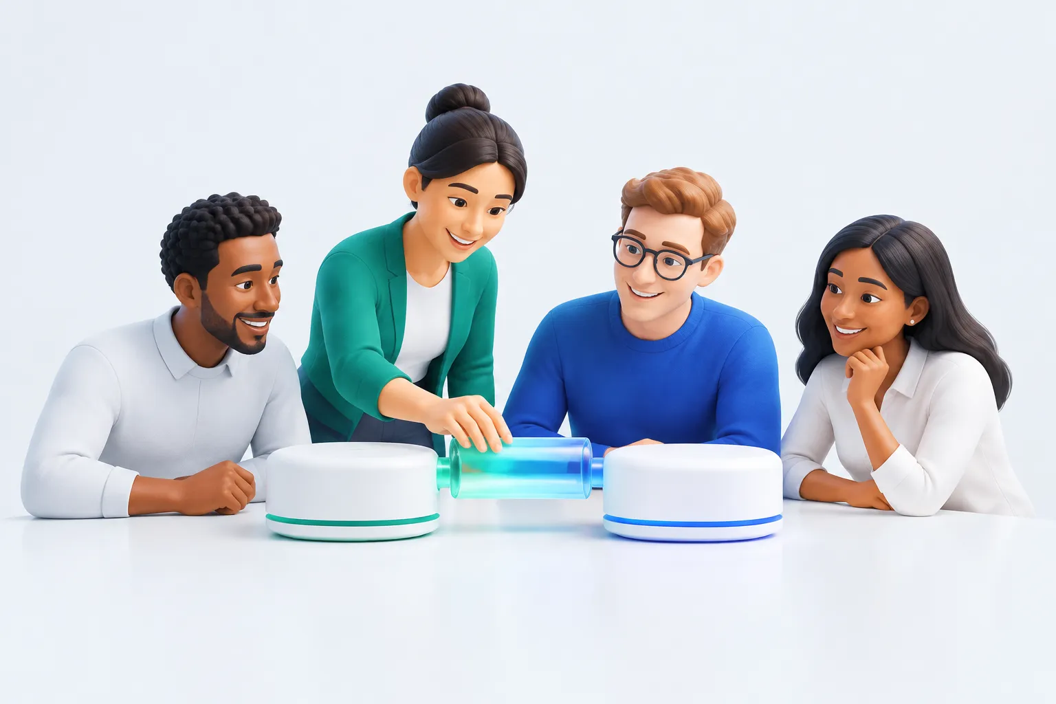 Illustration of a small team joining two tools together, representing AI workflow integration