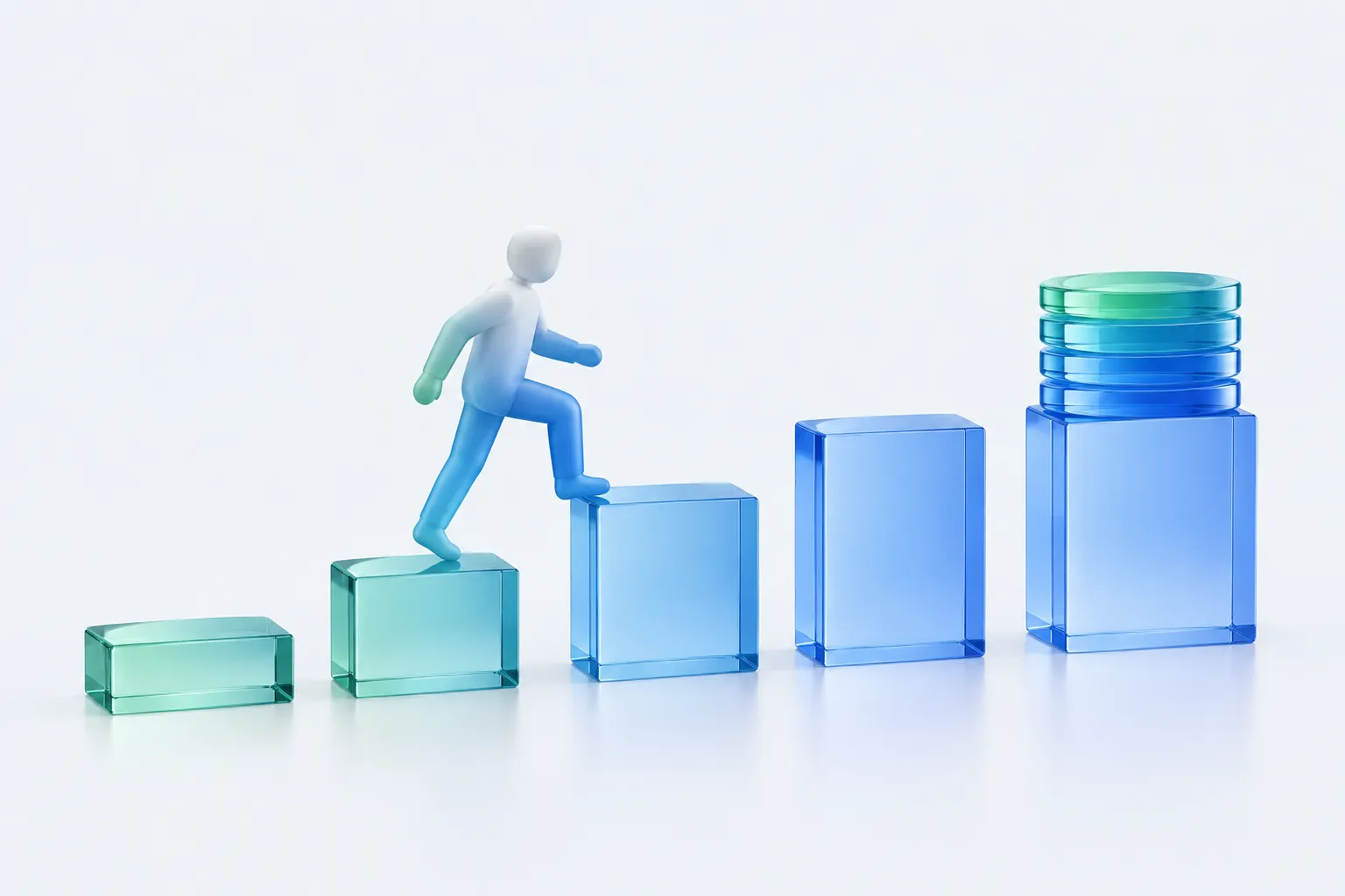 A figure stepping up a row of glass pedestals toward a small stack of coins, representing progress toward a training budget decision.