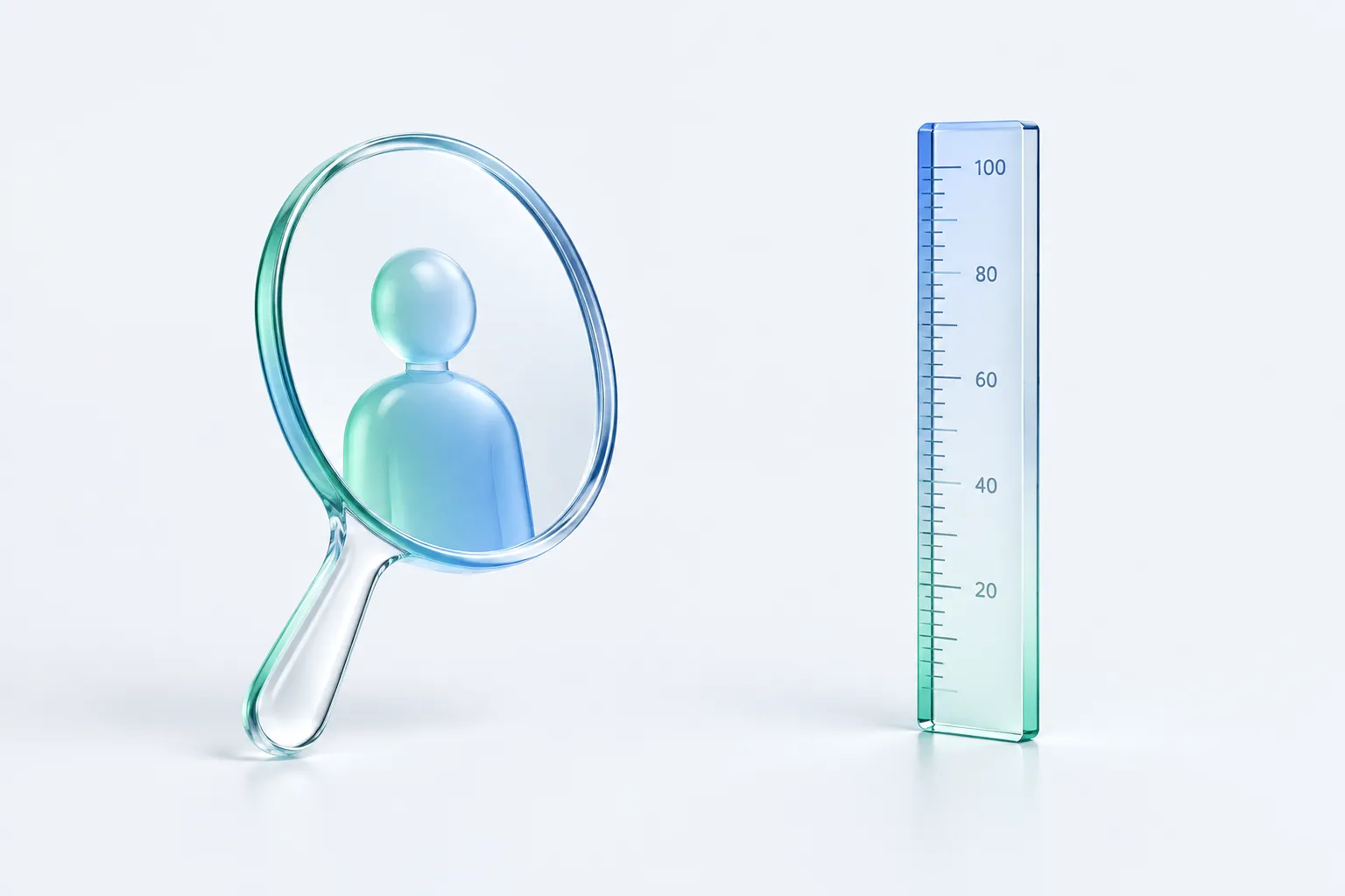 A mirror beside a measuring rod, illustrating the difference between self-perceived and measured AI skill.