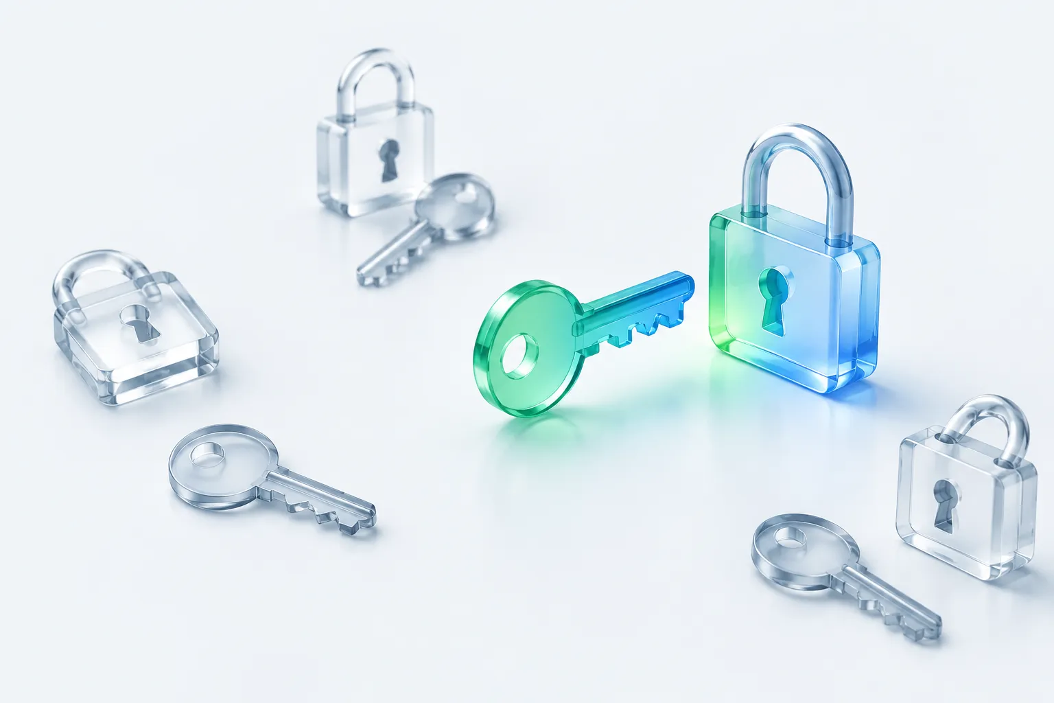 Differently shaped glass keys and locks representing how the AI skills gap varies by employee role.