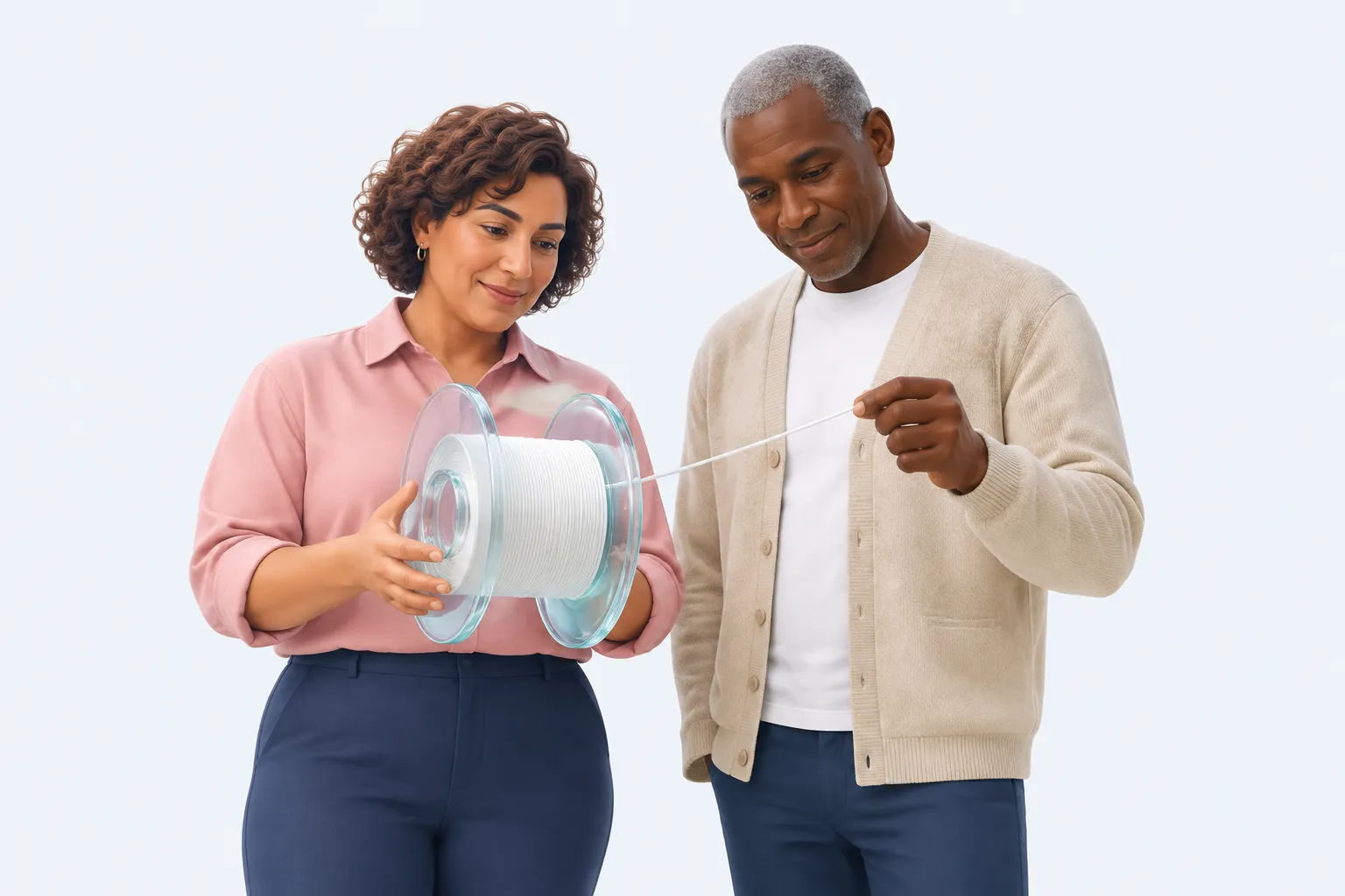 Two colleagues inspect a spool whose tether remains connected.