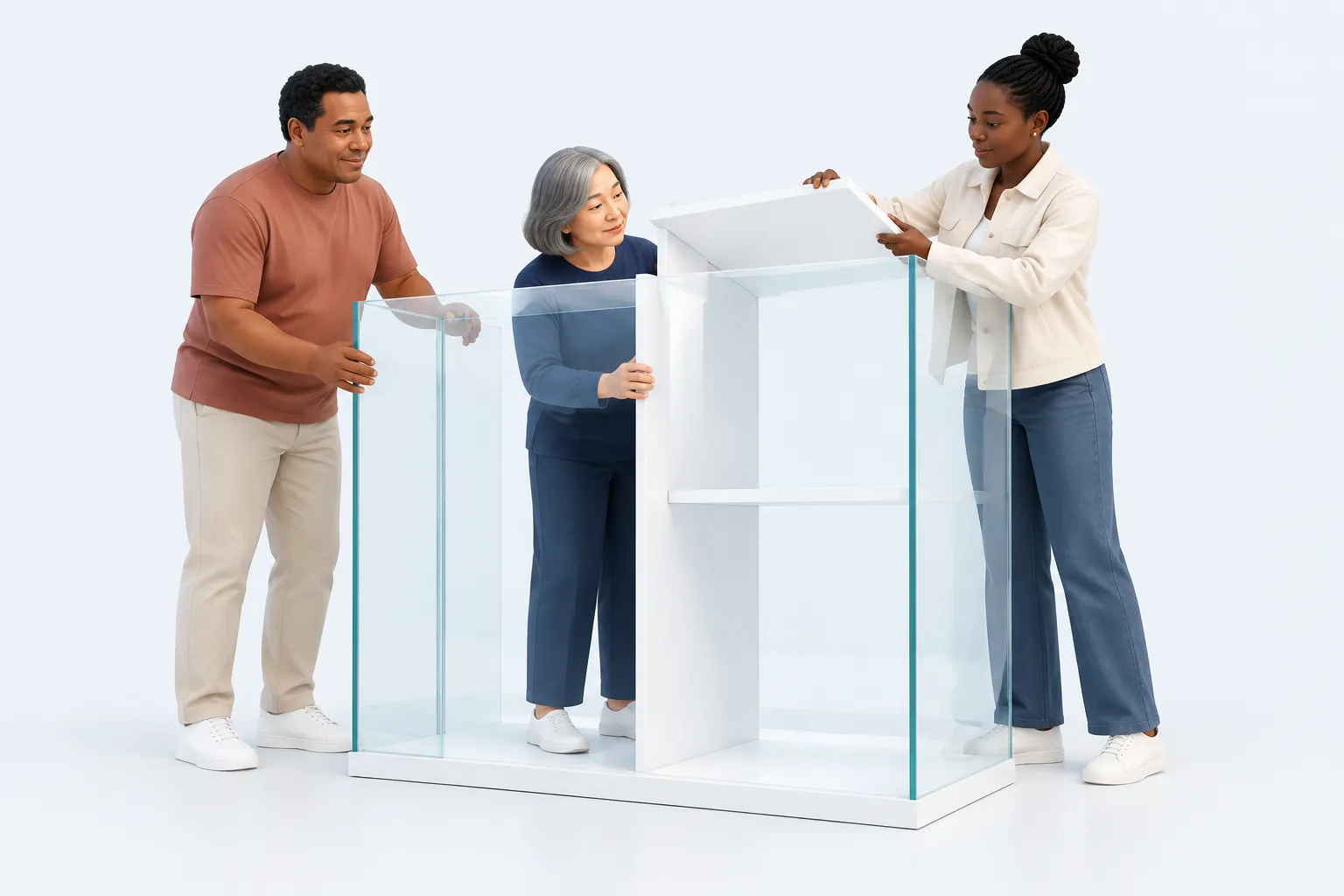 Three colleagues assemble a glass cabinet with an internal access boundary.