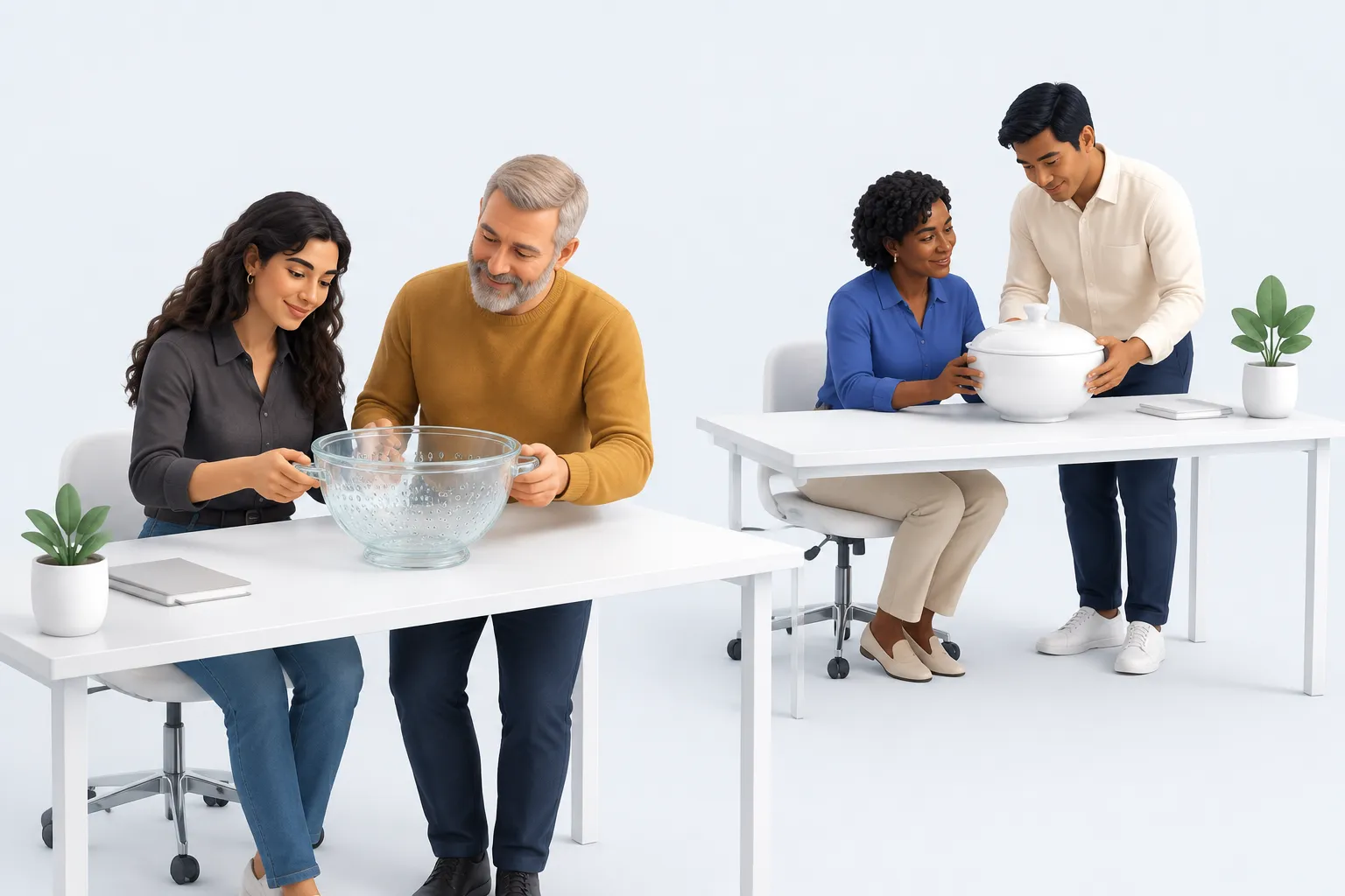 Two office groups examine separate vessels representing group reports and comments.
