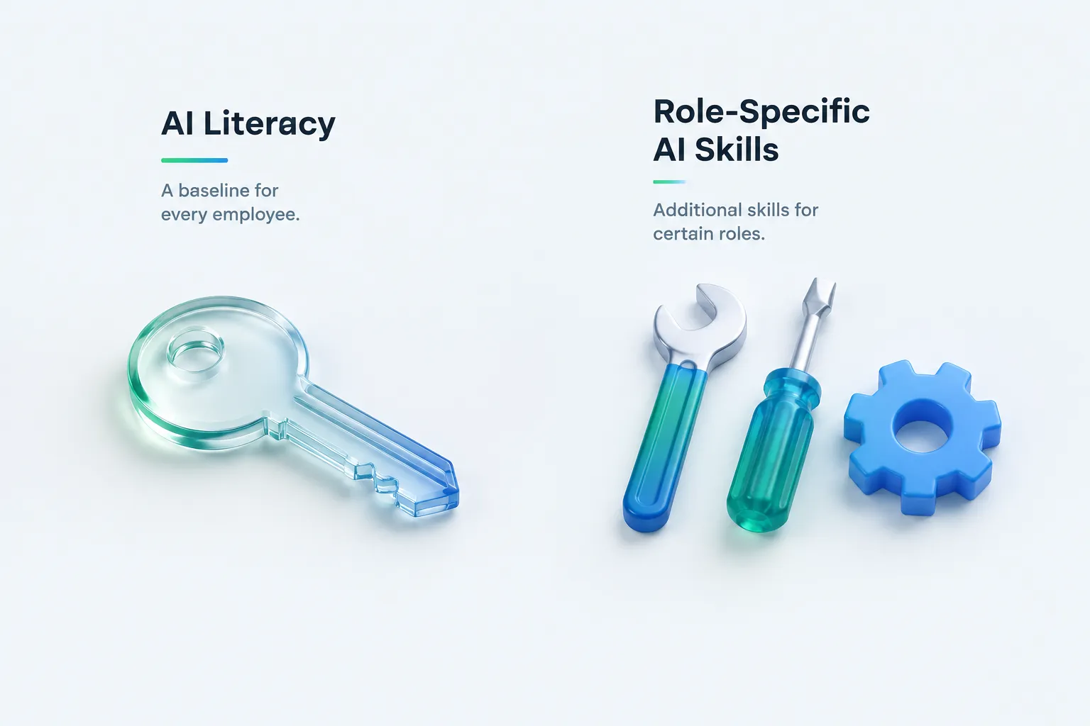 A single glass key beside a small toolkit of distinct tools, contrasting a universal baseline with specialized role skills